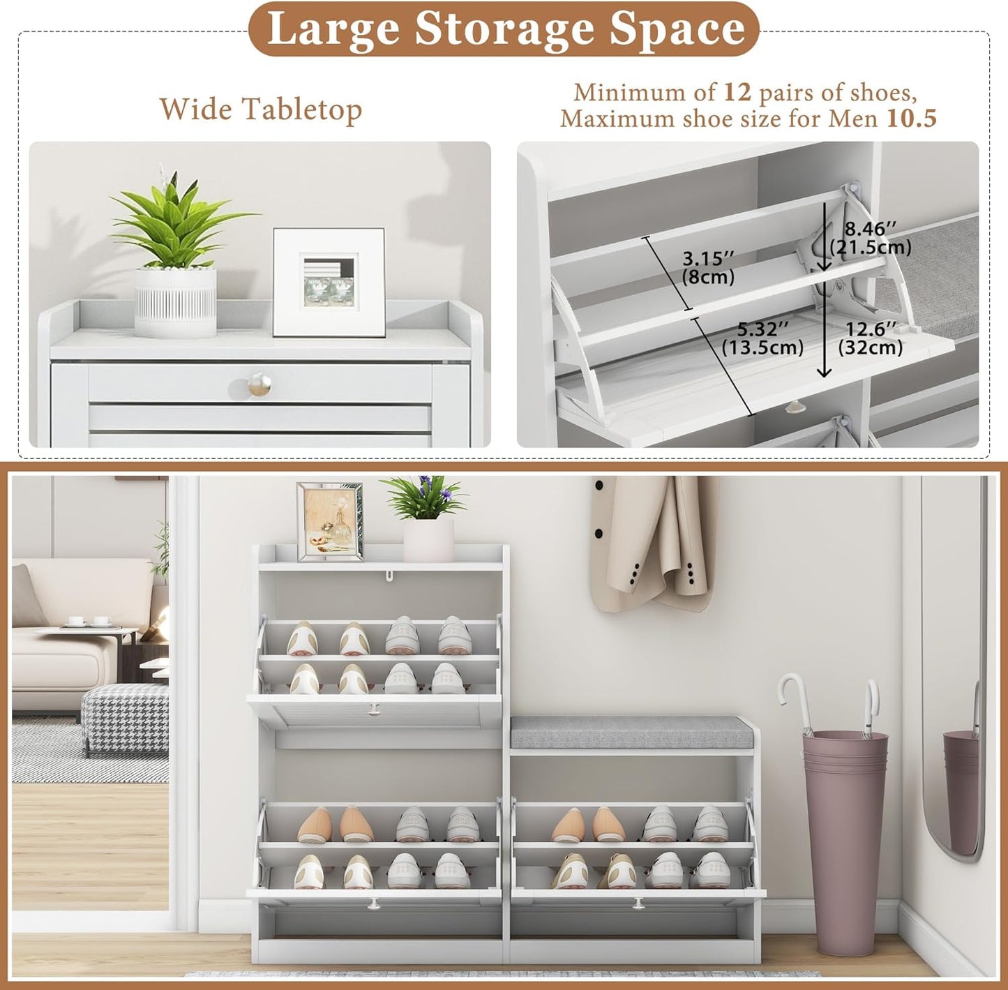 Shoe Bench with 3 Flip Drawers, Entryway Storage Bench with Cushion, Adjustable Shelves, Shoe Cabinet with Storage Space for Entryway, Living Room, Hallway, Mudroom, Bedroom, White