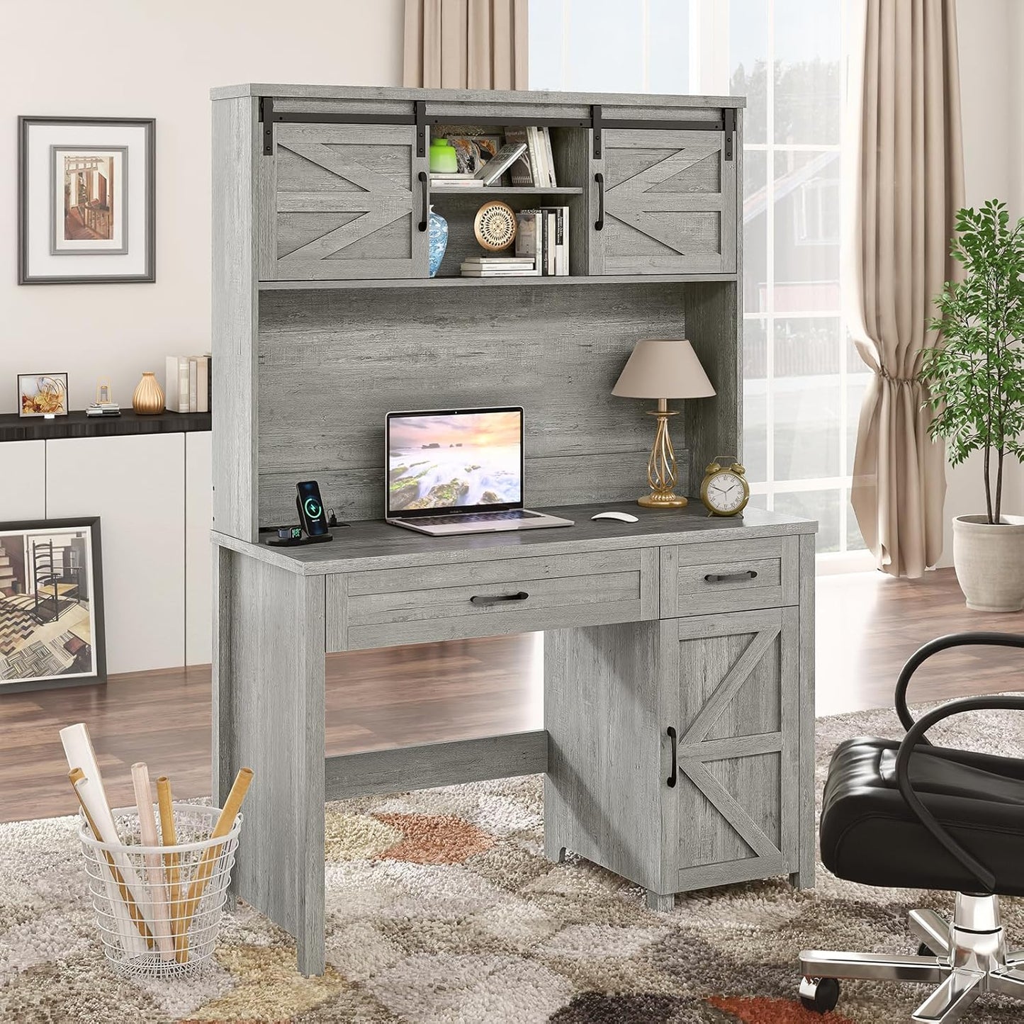 Farmhouse 47" Executive Desk, Computer Desk with 2 Drawers and Storage Cabinet, Home Office Desk with Hutch, Charging Hub, Workspace for Work and Study, Gray