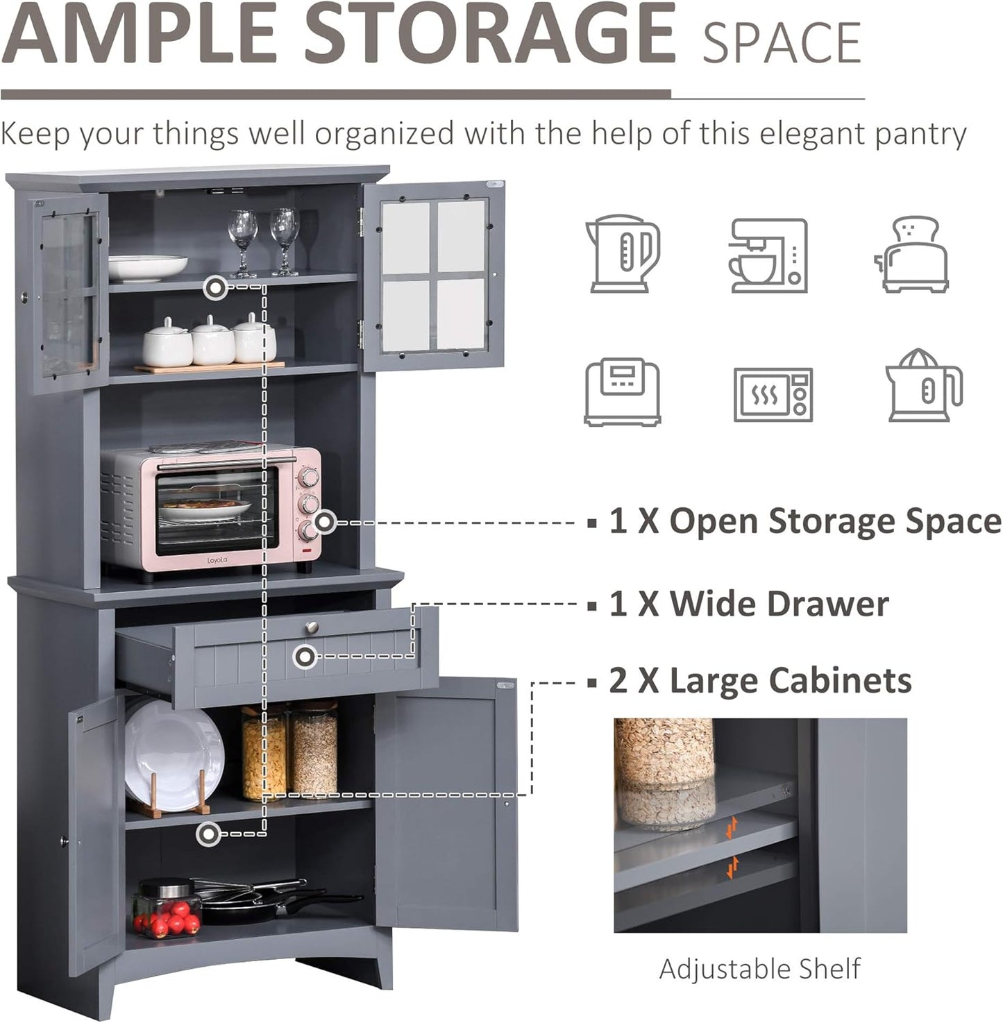 HOMCOM Elegant Buffet with Hutch, Kitchen Pantry Storage Cabinet with Framed Glass Door Drawer and Microwave Space, Grey