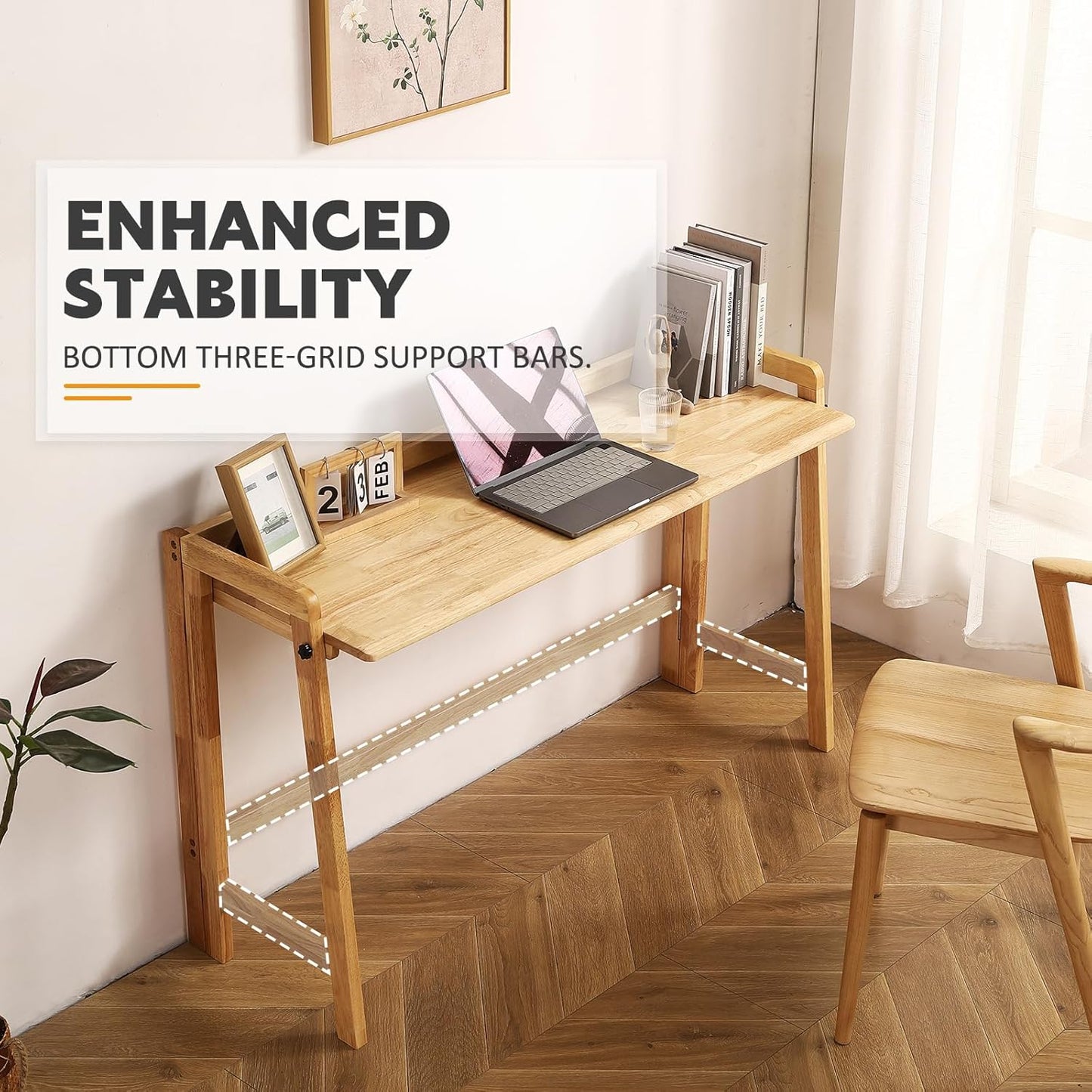 Solid Wood Folding Desk Mid Century Modern Table, 55'' Foldable Writing Computer Desk for Home Office, Simple Study Makeup Workstation, Wooden Study Office Desk Table for Small Spaces, Natural Color