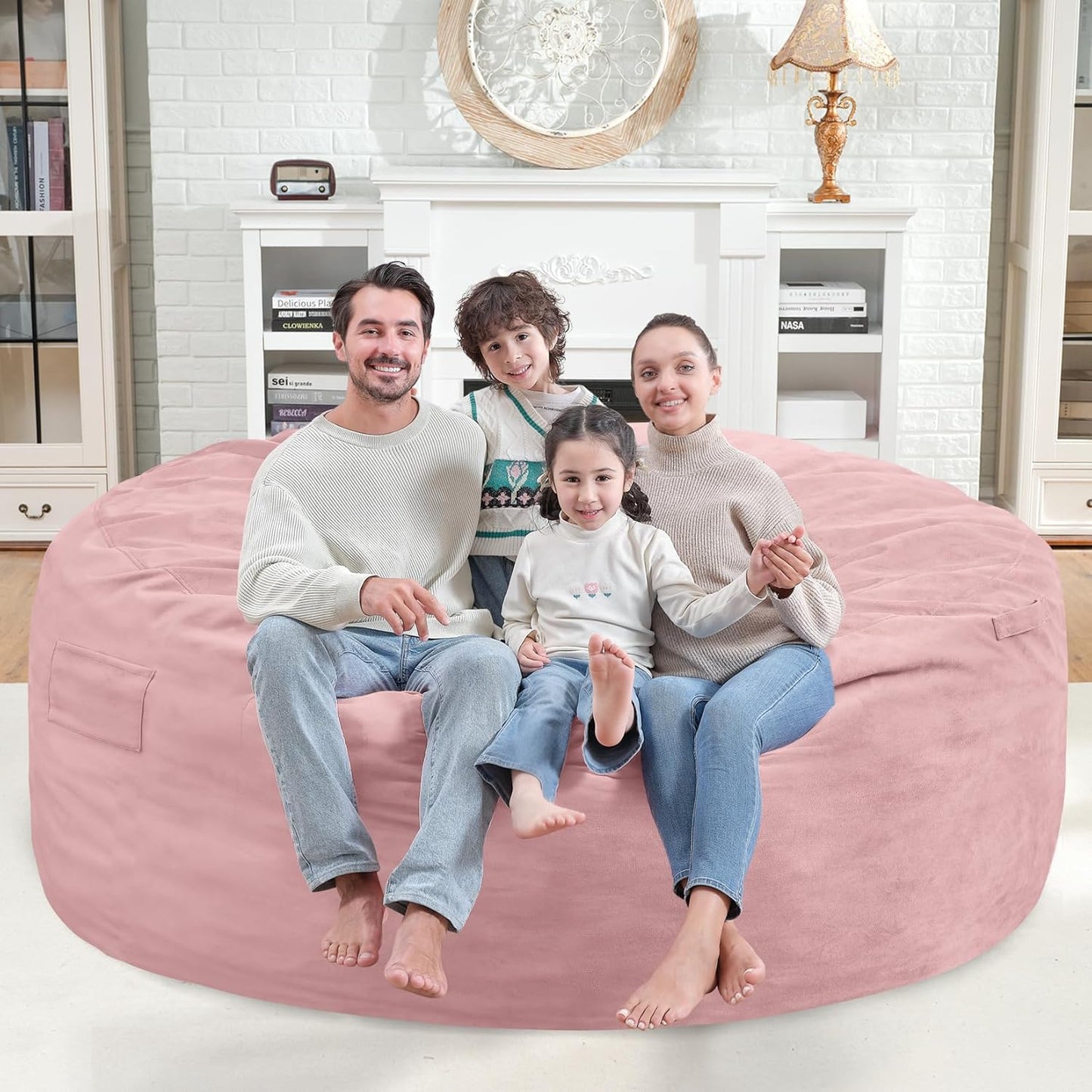 6FT Bean Bag Chair, Large Bean Bag Chairs with Memory Foam Filled, Fluffy Beanbag Sofa with Dutch Velvet Cover, Round BeanBag Chairs for Living Room, Playroom- Light Pink