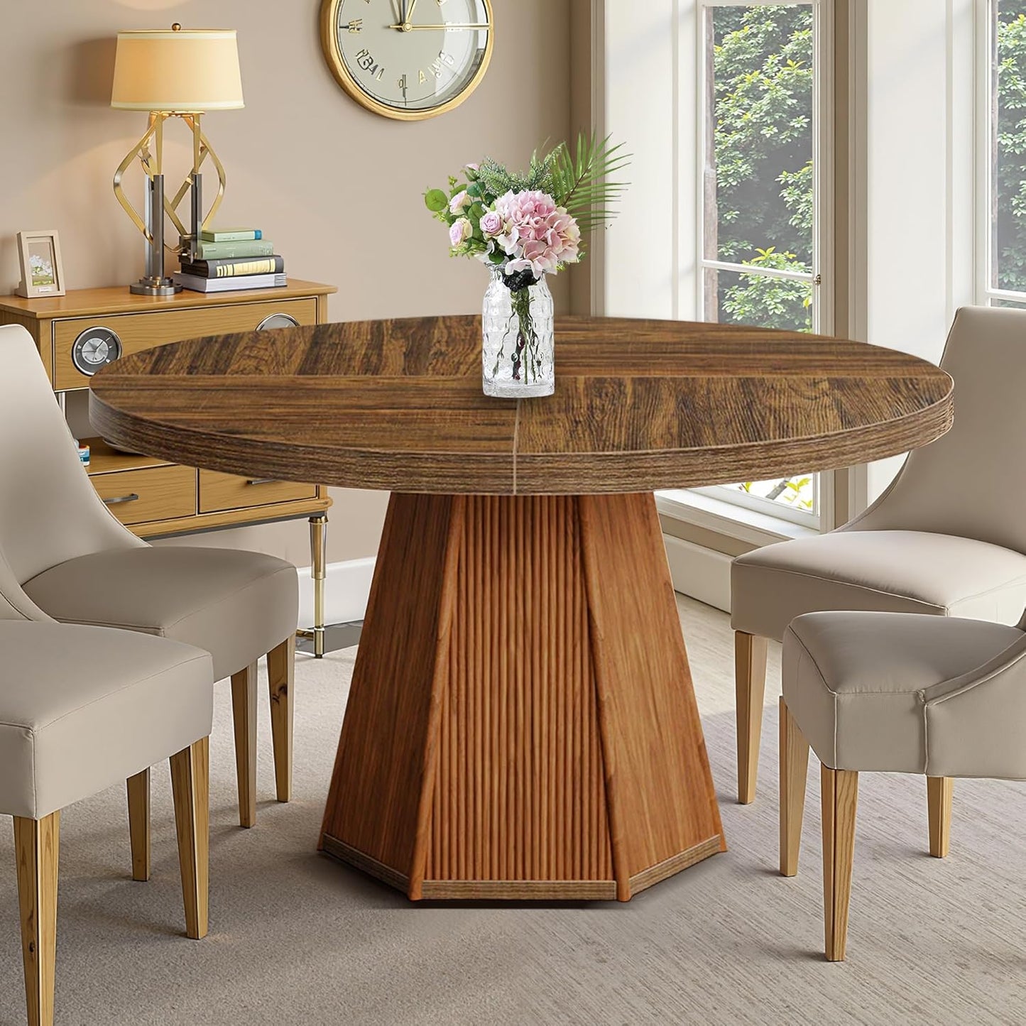 Round Dining Table for 4, 47 Inch Dinner Table Square Farmhouse Kitchen Tables with Sturdy Wooden Pedestal Base for Dining Room, Kitchen, Living Room, Dark Brown