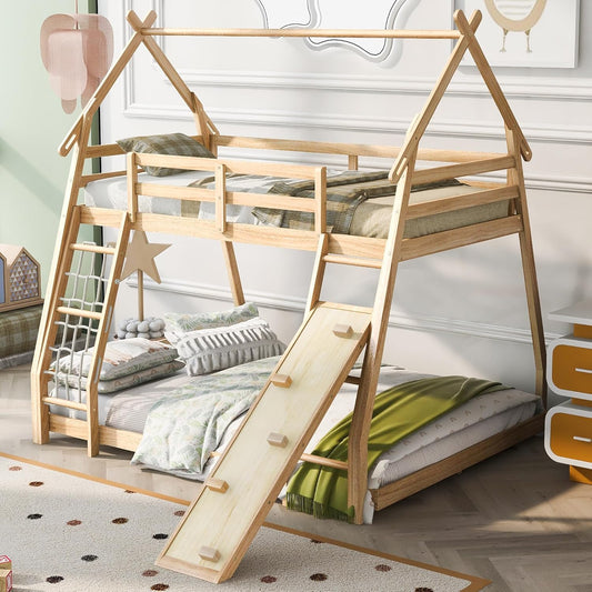 Twin Over Queen House Bunk Bed with Climbing Nets and Climbing Ramp for Kids Teens Boys Girls,Solid Wood Bunk Bed Frame with Safety Guardrails,Playful Design,Natural