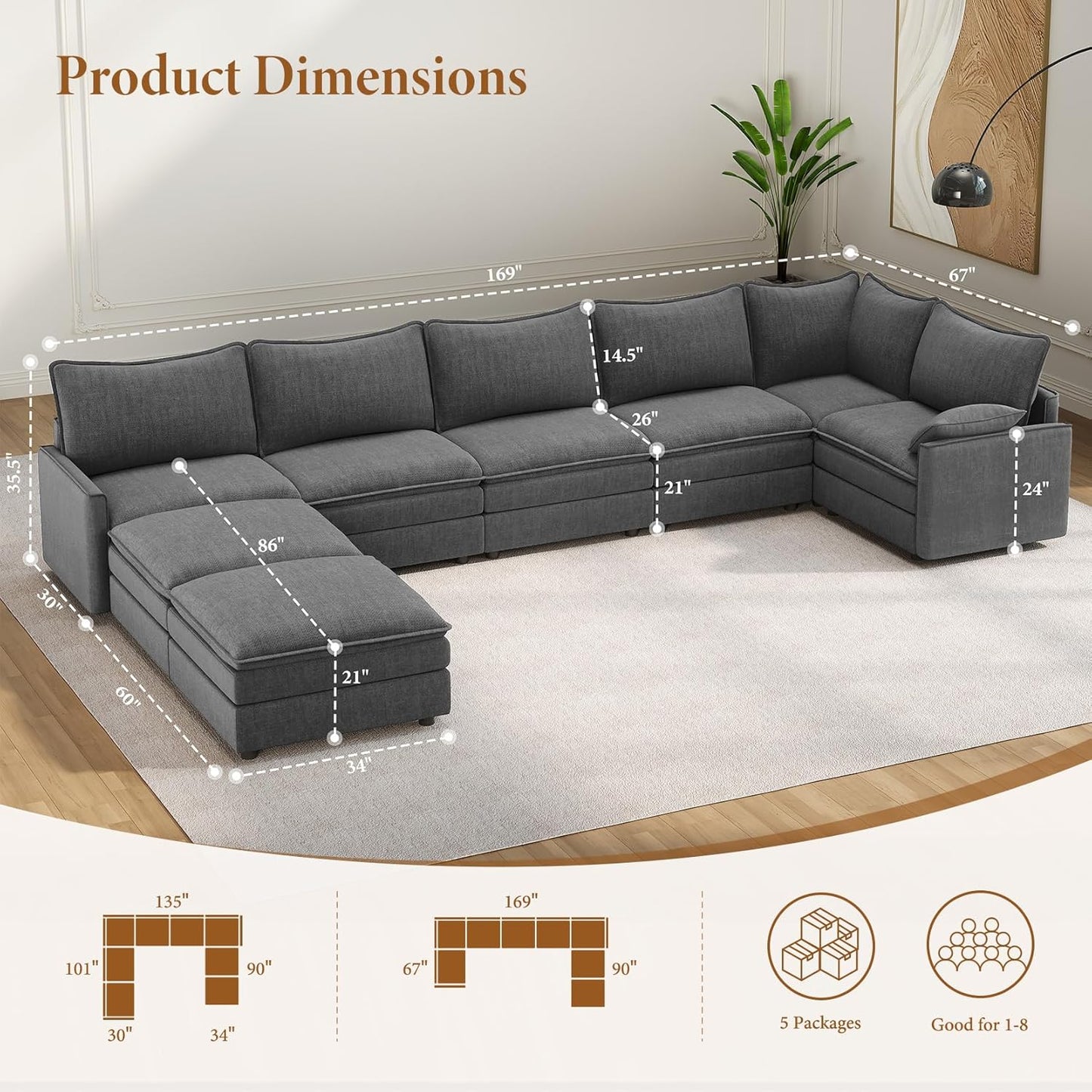 Vesgantti Large Modular Sectional Sofa, Big Comfy Cloud Couch with Ottoman Deep Seat Chenille Cloud Sofa, 8 Seater Large Sectional Couches for Living Room, Bedroom and Apartment, Gray