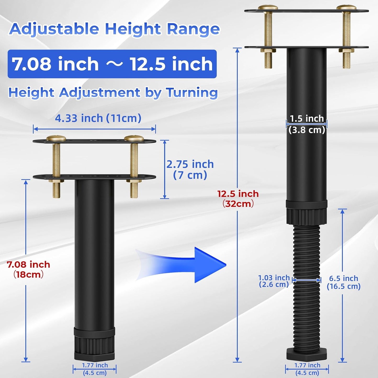 6 Pcs Adjustable Height Bed Support Legs 7.08-12.5 inch with Locking Ring, Bed Frame Center Support Legs for Bed Frame/Bed Center Slat/Furniture, Bed Legs Replacement Bed Slats Support Legs
