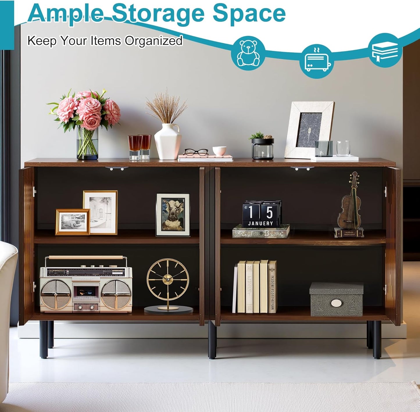 59" Sideboard Buffet Cabinet with Storage, Kitchen Buffet Storage Cabinet Set of 2, Modern Sideboard with Doors & Adjustable Shelves for Living Room, Kitchen, Hallway, Dark Walnut