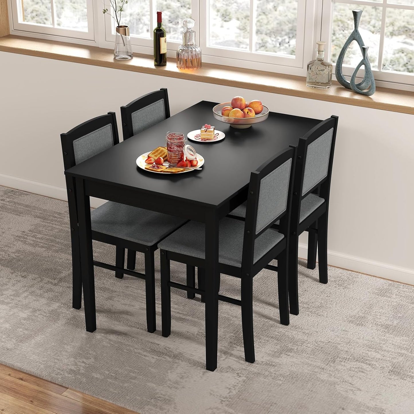 Giantex 5-Piece Dining Table Set for 4 - Breakfast Nook Table Set with Kitchen Table, 4 Upholstered Chairs, Wood Legs, Space-Saving Dinette Set, Kitchen Table Chairs Set of 4 (Black+Grey)