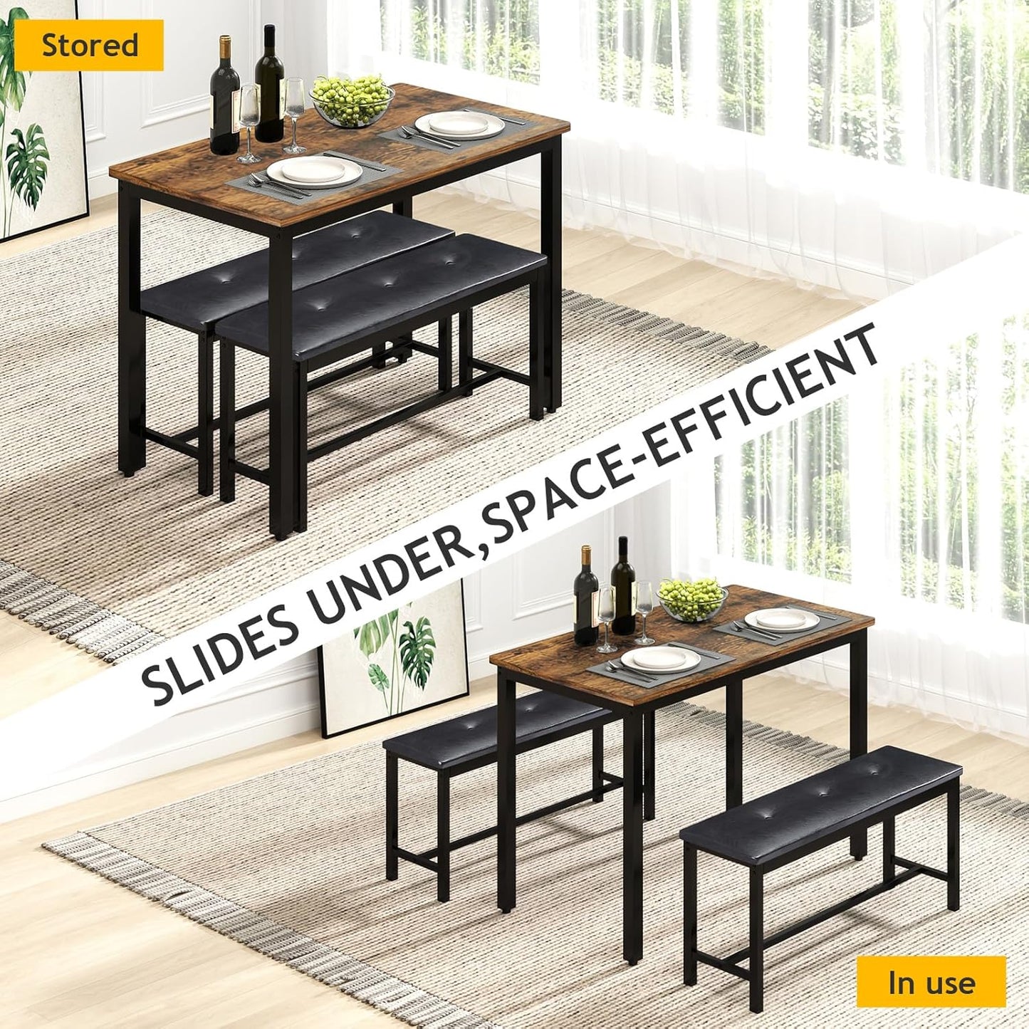 Rovibek Dining Room Table Bench Set for 4, Modern Space Saving Kitchen Table with with 2 Upholstered Benches & Adjustable Feet, Wooden Breakfast Table, 43", Brown