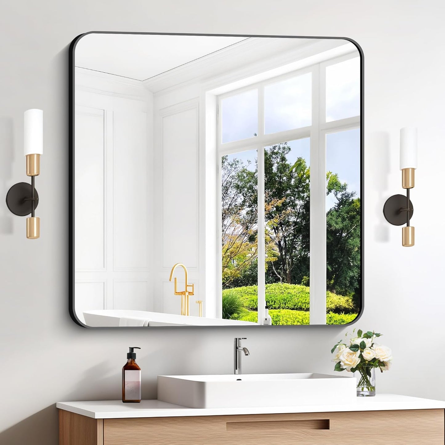 Black Bathroom Mirrors for Wall, 30"x30" Square Mirror, Rounded Corner Metal Frame Wall Mirror, Bathroom Vanity Mirror for Bedroom Living Room Entryway Horizontal Or Vertical Mounting