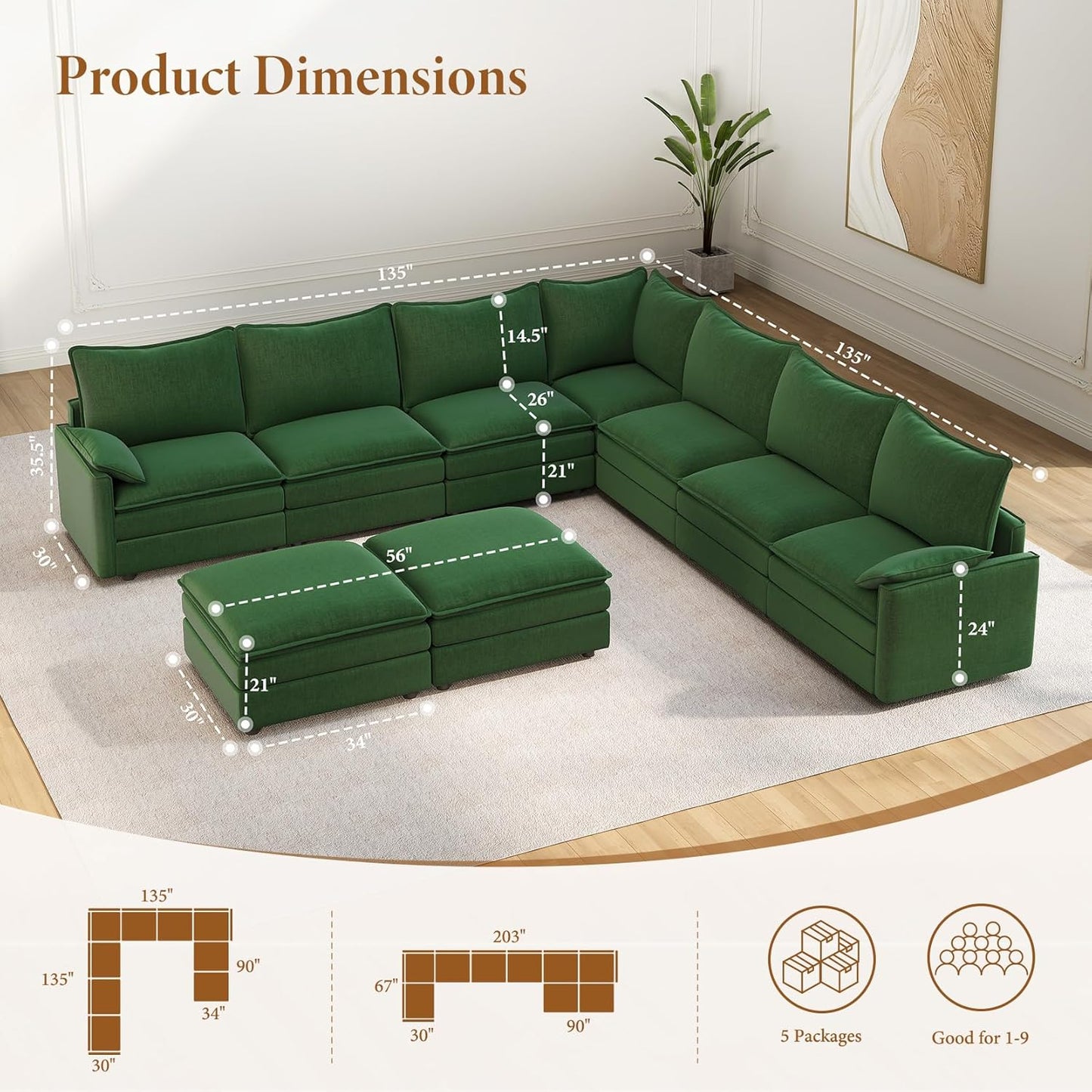 Vesgantti Large Modular Sectional Sofa, Big Comfy Cloud Couch with Ottoman Deep Seat Chenille Cloud Sofa, 9 Seater Large Sectional Couches for Living Room, Bedroom and Apartment, Green
