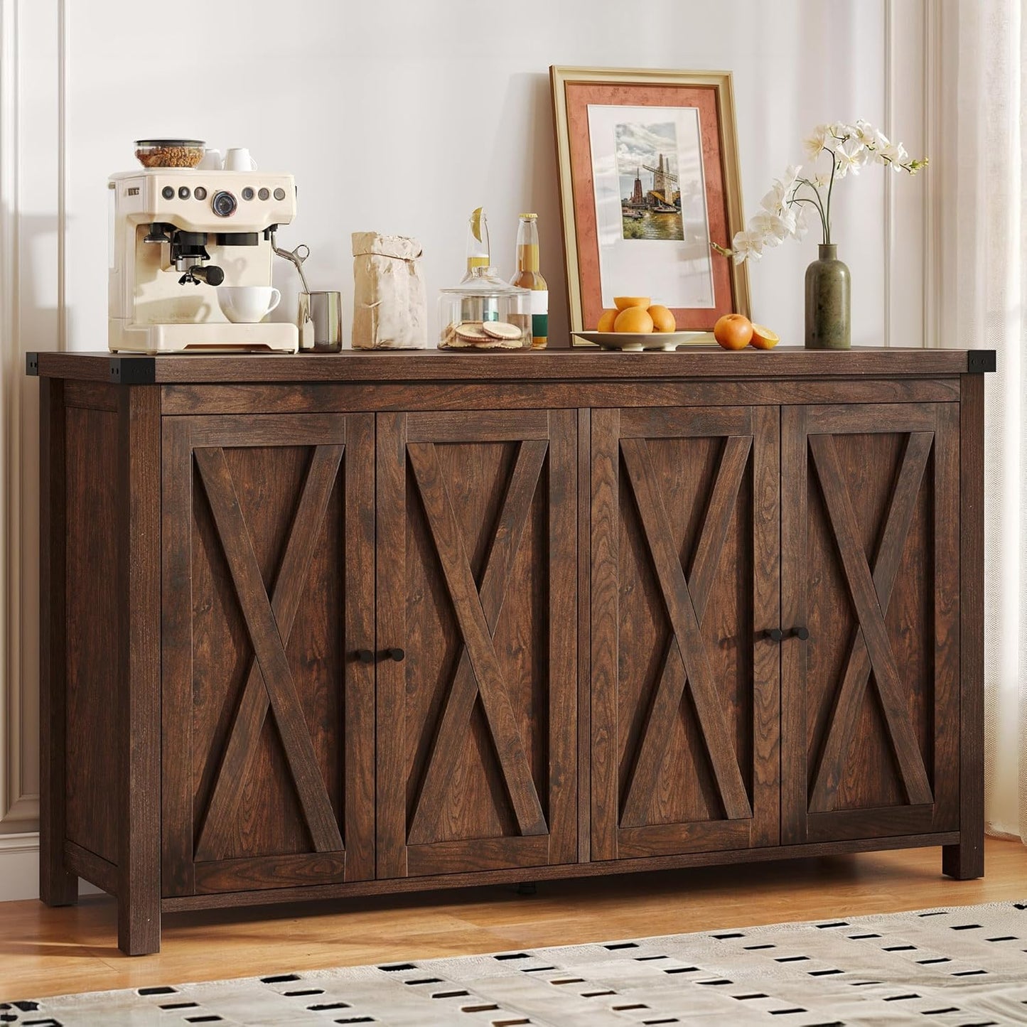 DWVO Farmhouse Sideboard Buffet Cabinet with Storage, 55'' Kitchen Storage Cabinet with Doors, Large Coffee Bar Cabinets with Adjustable Shelves for Kitchen, Living Room, Brown