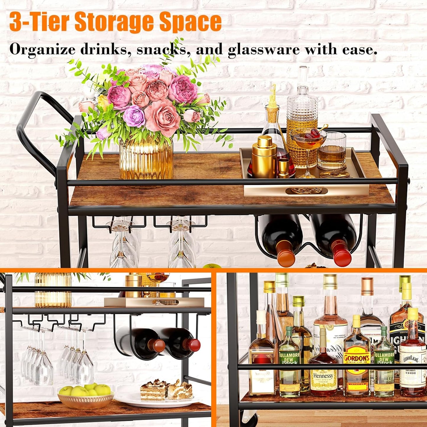 Bar Cart, Home Bar Serving Cart, 3-Tier Drink Cart with Wine Rack, Glass Holder, Wine cart with One-Piece Wood Shelves, Rolling Bar Cart for Kitchen, Dining Room, Living Room, Rustic Brown