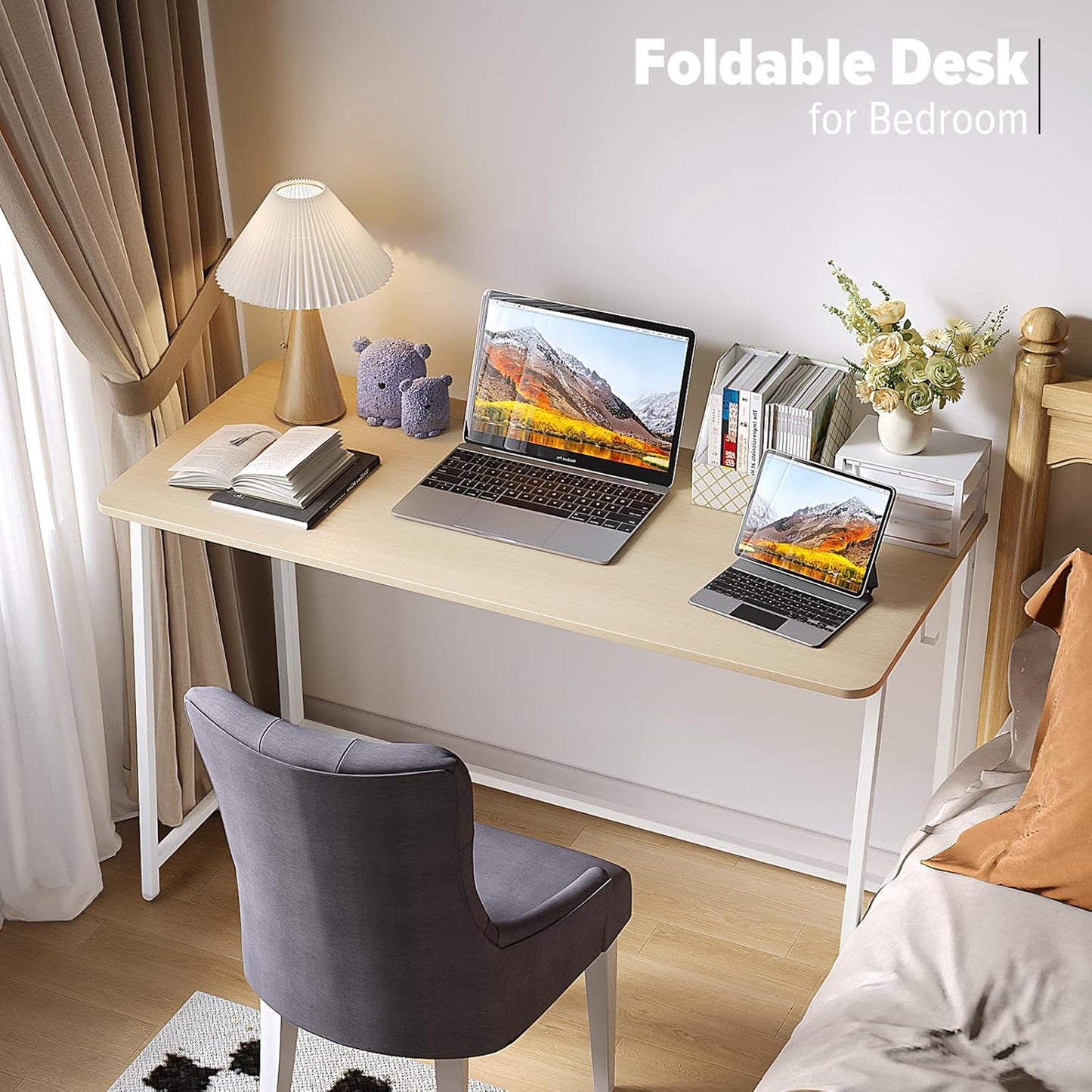 WOHOMO Folding Desk, Small Foldable Desk 47.2" for Small Spaces, Space Saving Computer Table Writing Workstation for Home Office, Easy Assembly, Oak