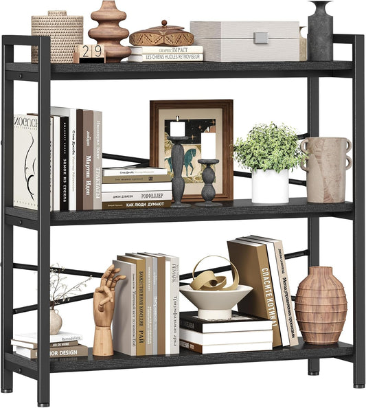 Book Shelf, 3 Tier Bookshelf 31.49" Width, Book Shelf Storage and Organization, Wooden and Metal Industrial Bookcase, Large Book Shelves for Home Living Room Bedroom Office Storage(Black)