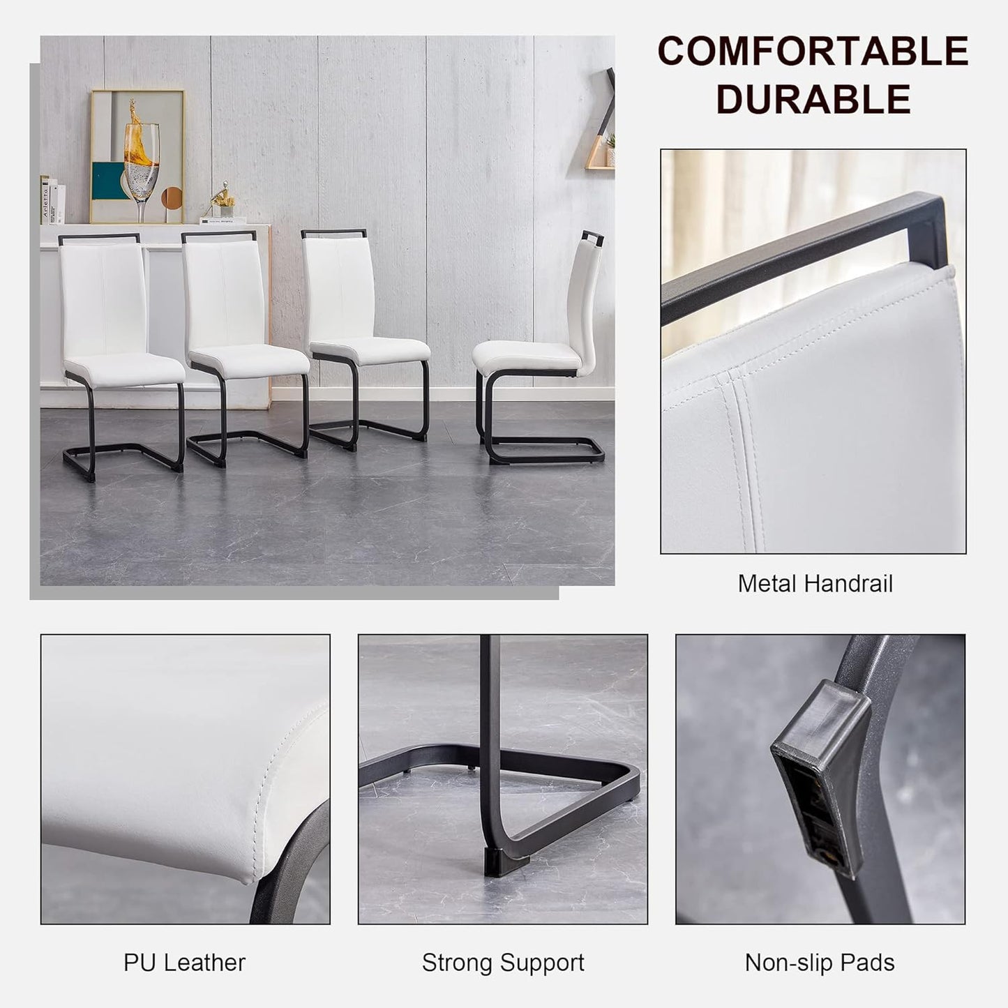 Dining Chairs Set of 8, Black Faux Leather with Metal Frame, Modern Kitchen Chairs with Padded Seat High Back for Dining Room, Kitchen, Living Room