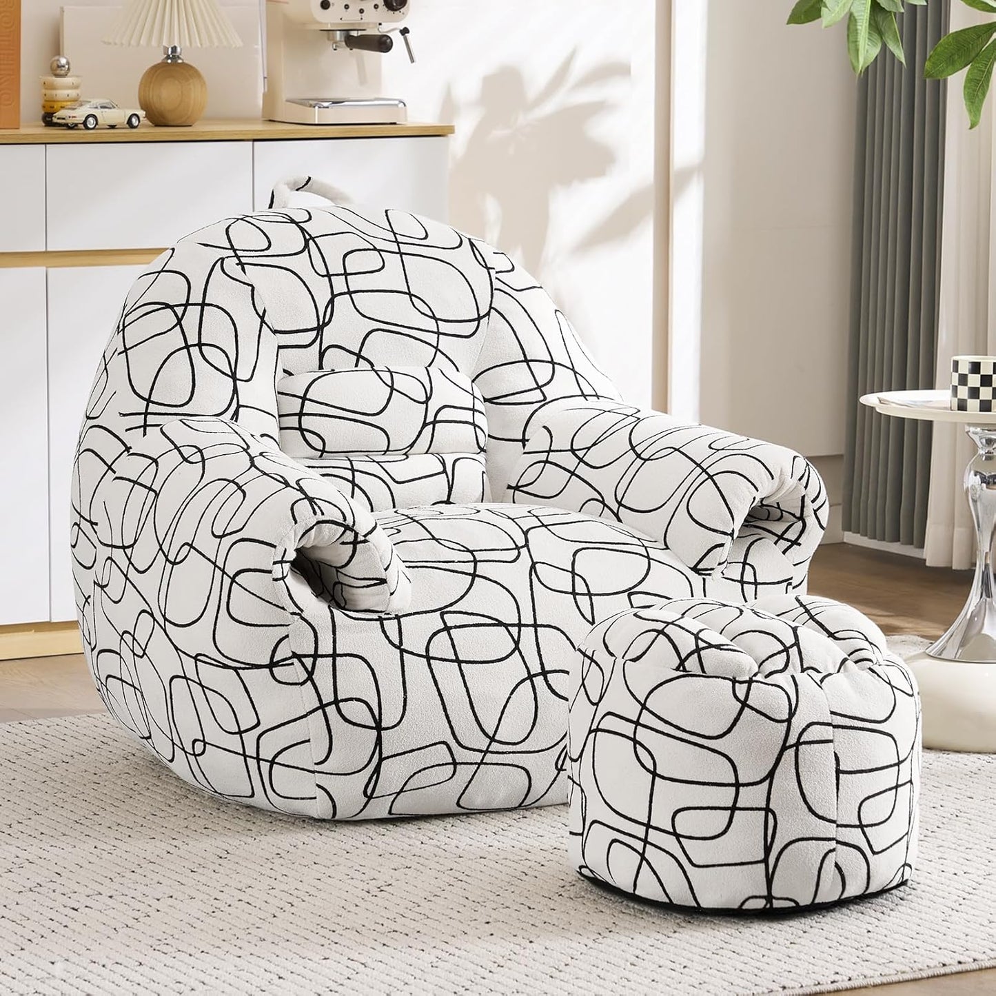 DAICO Bean Bag Chairs for Adults Comfy Accent Chair with Ottoman Floor Sofa Beanbag Couch with Armrests White Single Lazy Sofas with Foam for Living Room Reading Bedroom Gaming (Stripe Pattern)