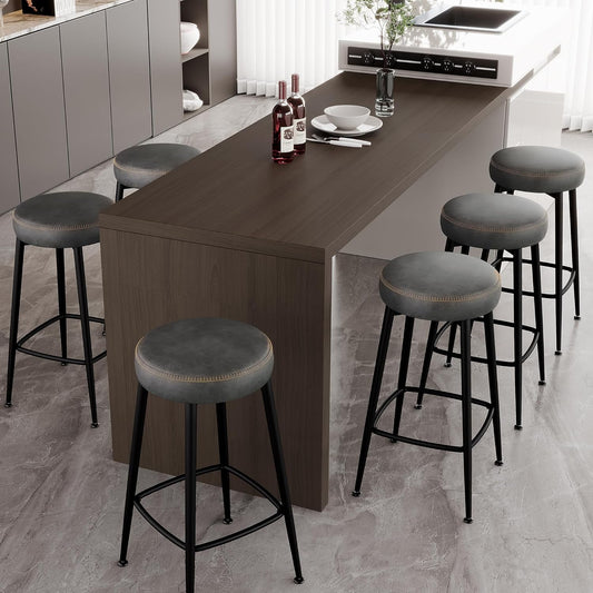 Counter Height Bar Stools, 26" H Backless Bar Stools Set of 6, Upholstered Faux Leather Kitchen Counter Stools, Mid Century Modern, Kitchen Island Home Bar, Pub, Black Grey