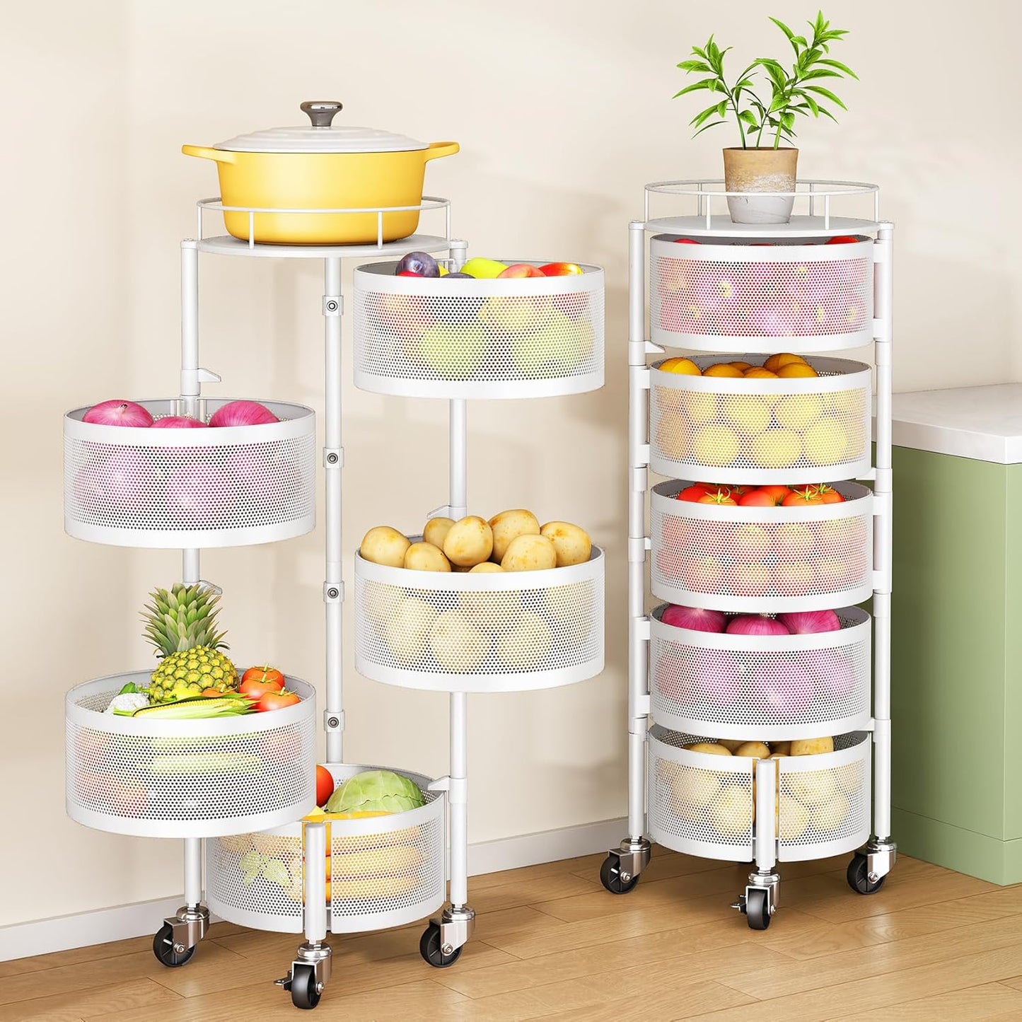 SNTD Fruit and Vegetable Basket Bowls for Kitchen with Metal Top Lid, 5 Tier Rotating Storage Rack Cart for Potato Onion Banana, Wire Basket Organizer on Wheels, Large (White)