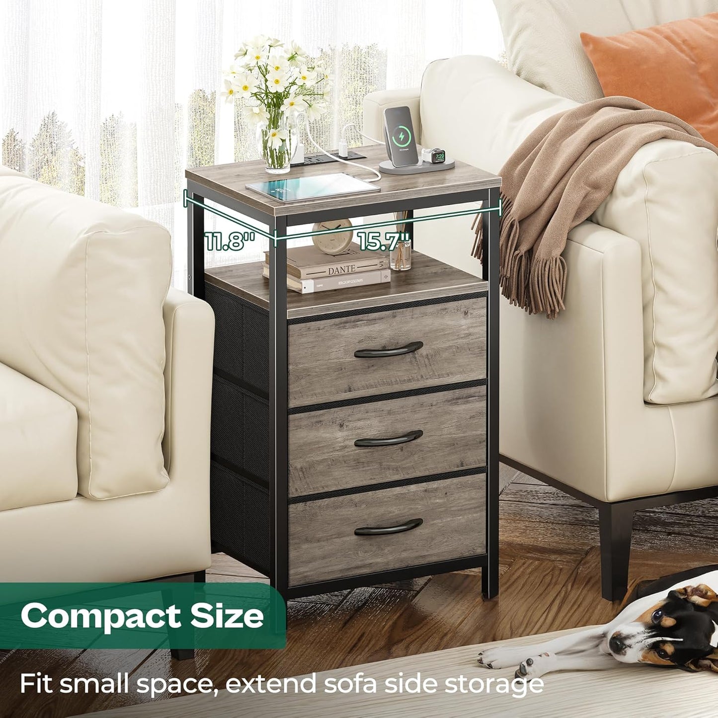 Huuger Nightstand with Charging Station, 27.6 Inch End Table Bedside Table with USB Ports and Outlets, Night Stand for Bedroom, Fabric Drawers, Oak