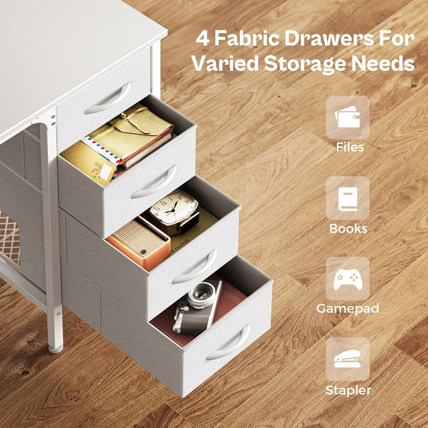 Huuger 47 Inch White Desk with 4 Drawers, Vanity Desk with Mesh Shelf, Study Table with Large Storage, Computer Desk for Home Office, Bedroom, Work from Home