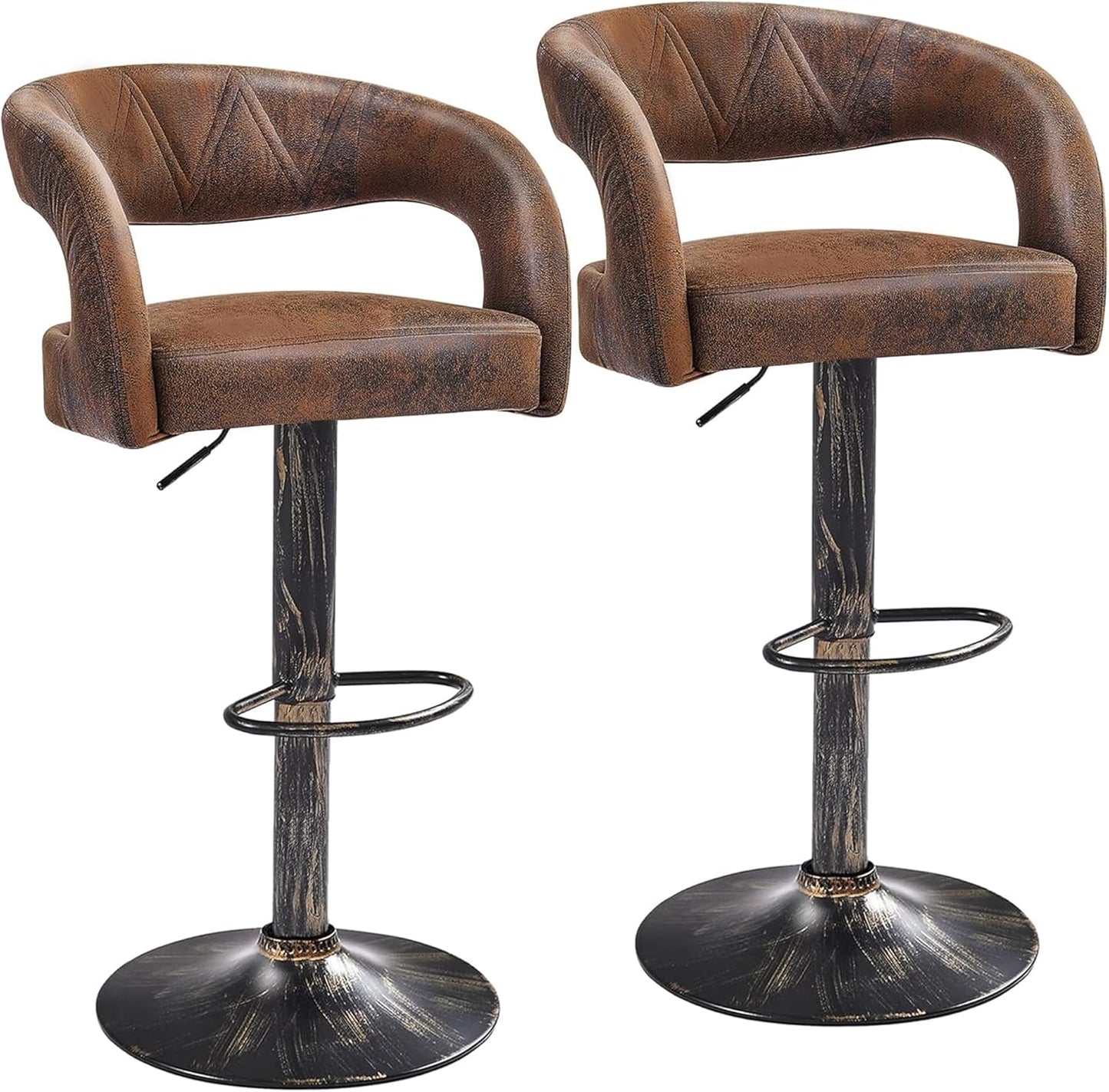 VECELO Bar Stools Set of 2 Adjustable Swivel Modern Pu Leather Barstools, Counter Bar Stools with Back and Arms, for Kitchen, Bar (Dark Brown)