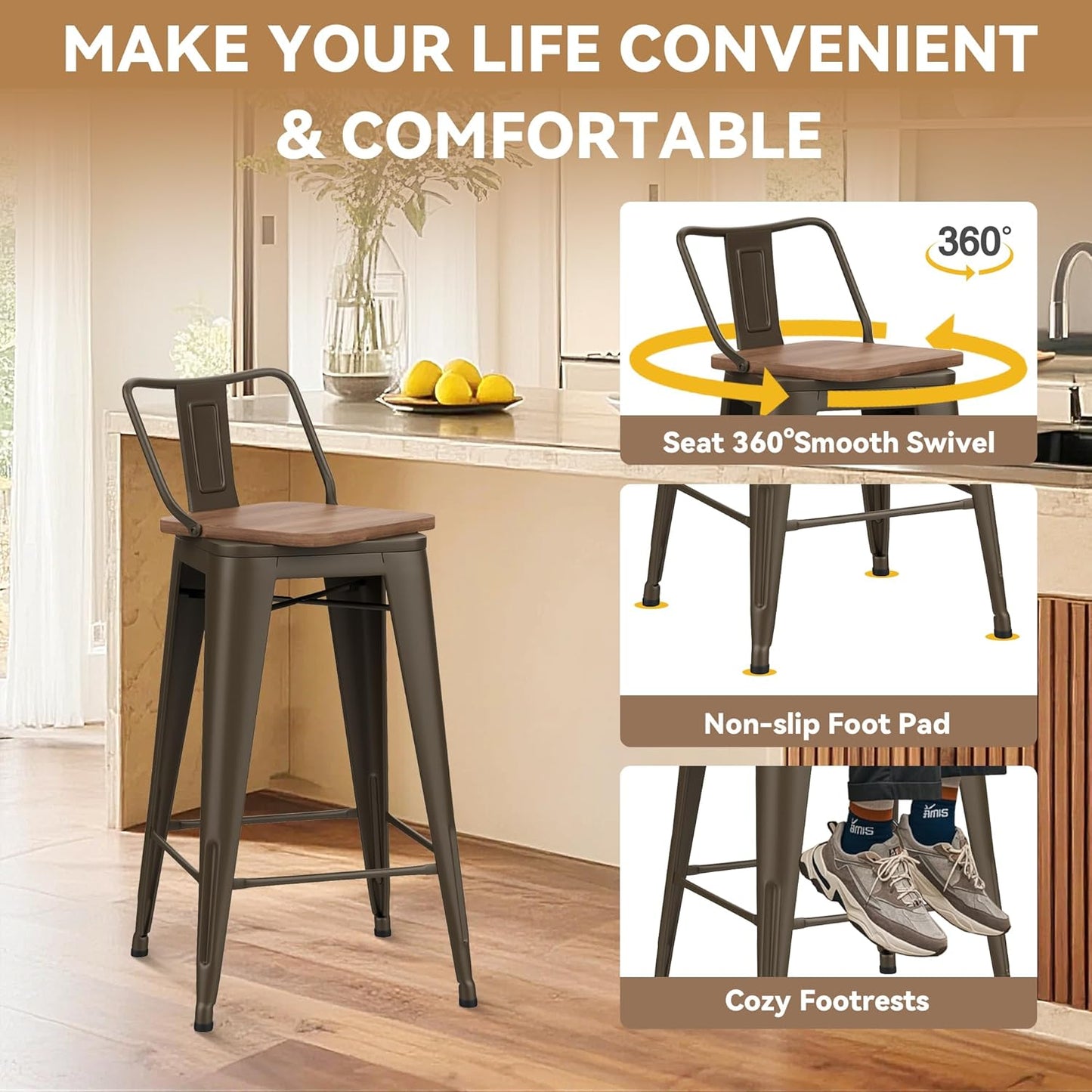 26 Inch Swivel Bar Stools Set of 4 with Backs Counter Height Industrial Metal Barstools Island Bar Chairs for Home Kitchen Dining Room (Swivel 26 inch,Rusty Wooden)