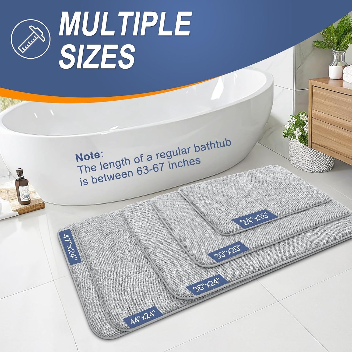 OLANLY Thick Memory Foam Bath Mat Rug 47x17, Extra Soft Absorbent Bathroom Rug, Quick Dry Bath Mats, Non-Slip, Machine Washable Carpet for Bathroom, Tub and Shower, Home Decor Accessories, Light Grey