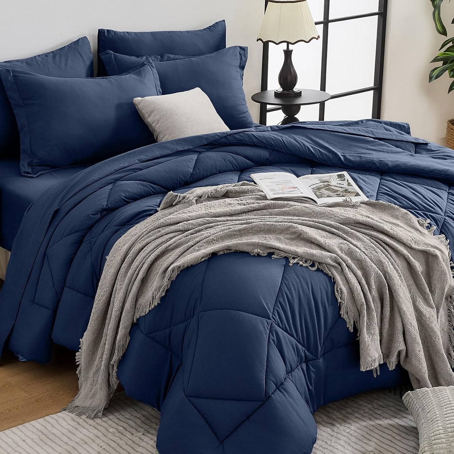 HEVUMYI Navy Blue Twin-XL Comforter Set - 5-Piece All Season Bed in a Bag Twin-XL, Ultra Soft Bedding Set with Comforter, Flat Sheet, Fitted Sheet, Pillowcases, Pillow Shams, Navy Blue