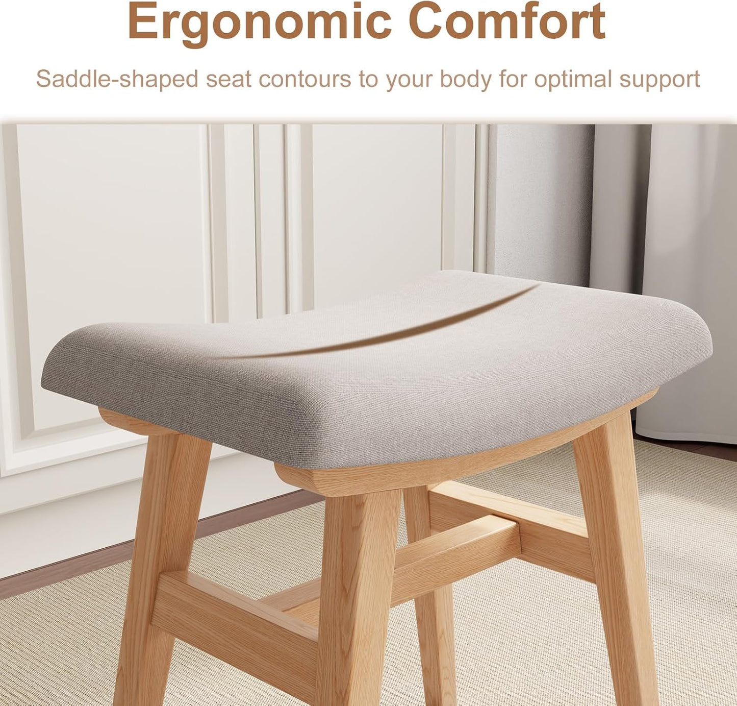 Solid Wood Small Vanity Stool, Compact Makeup Chair with Saddle Cushion, Linen-Covered High Rebound Sponge Seat, Easy Assembly Footstool for Bedroom, Entryway, Home, Natural