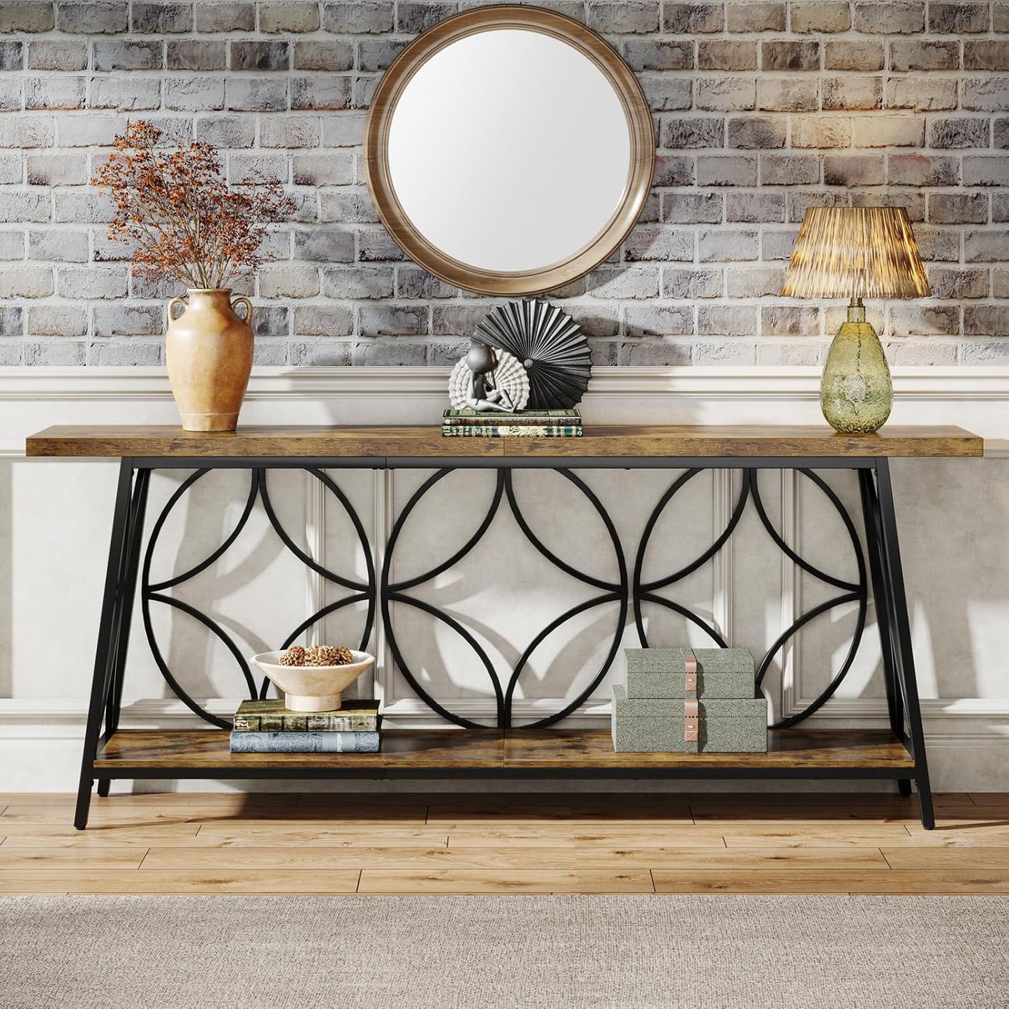 70.9-Inch Sofa Table, 2-Tier Narrow Console Table with Storage for Living Room, Entryway, Hallway, Foryer, Geometric Pattern Design (Rustic Brown)