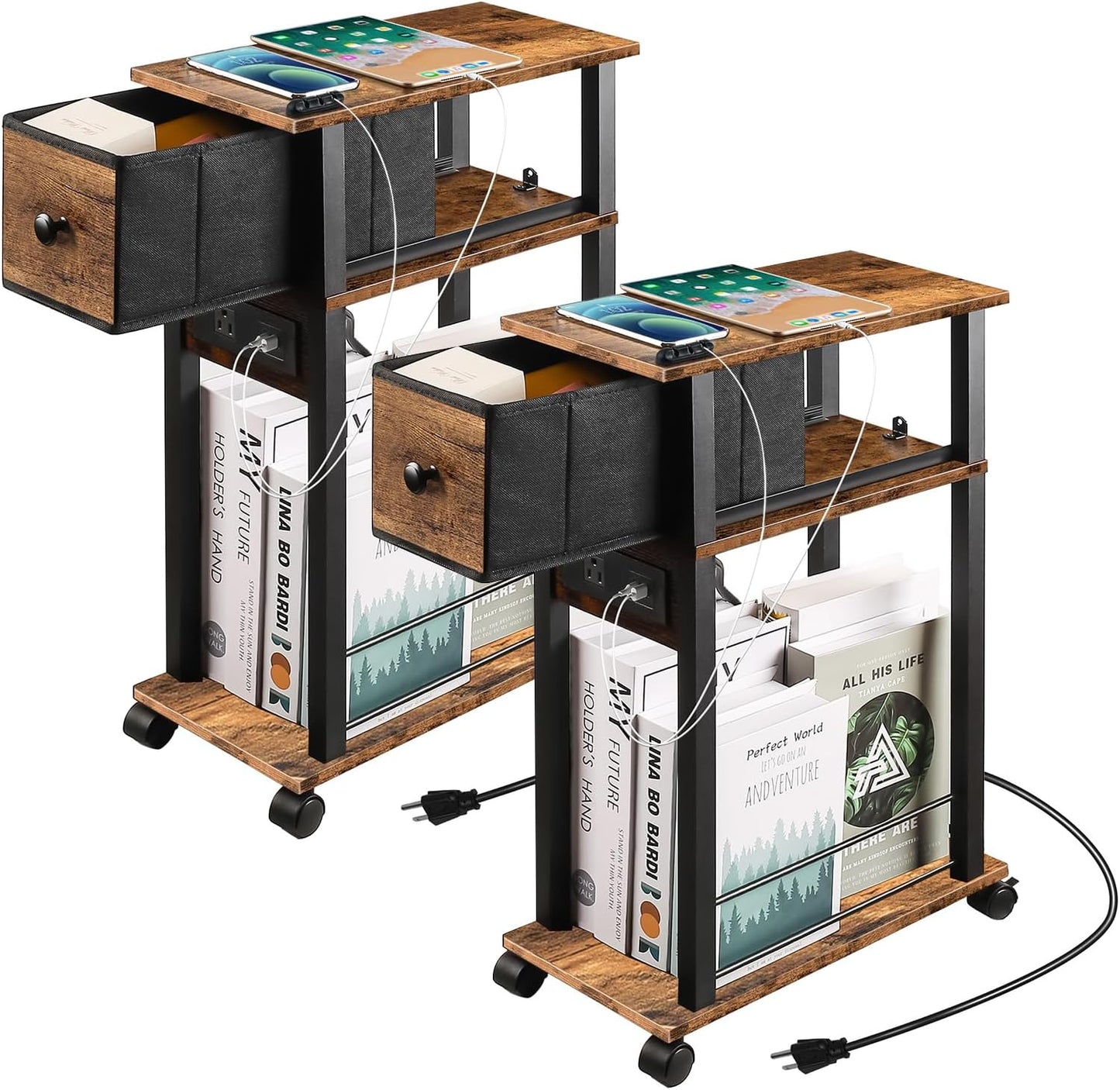 Side Table Set of 2, Side Table with Charging Station and Drawer, Narrow End Table with USB Ports and Outlets for Small Space, Living Room, Bedroom and Office, with 4 Wheels