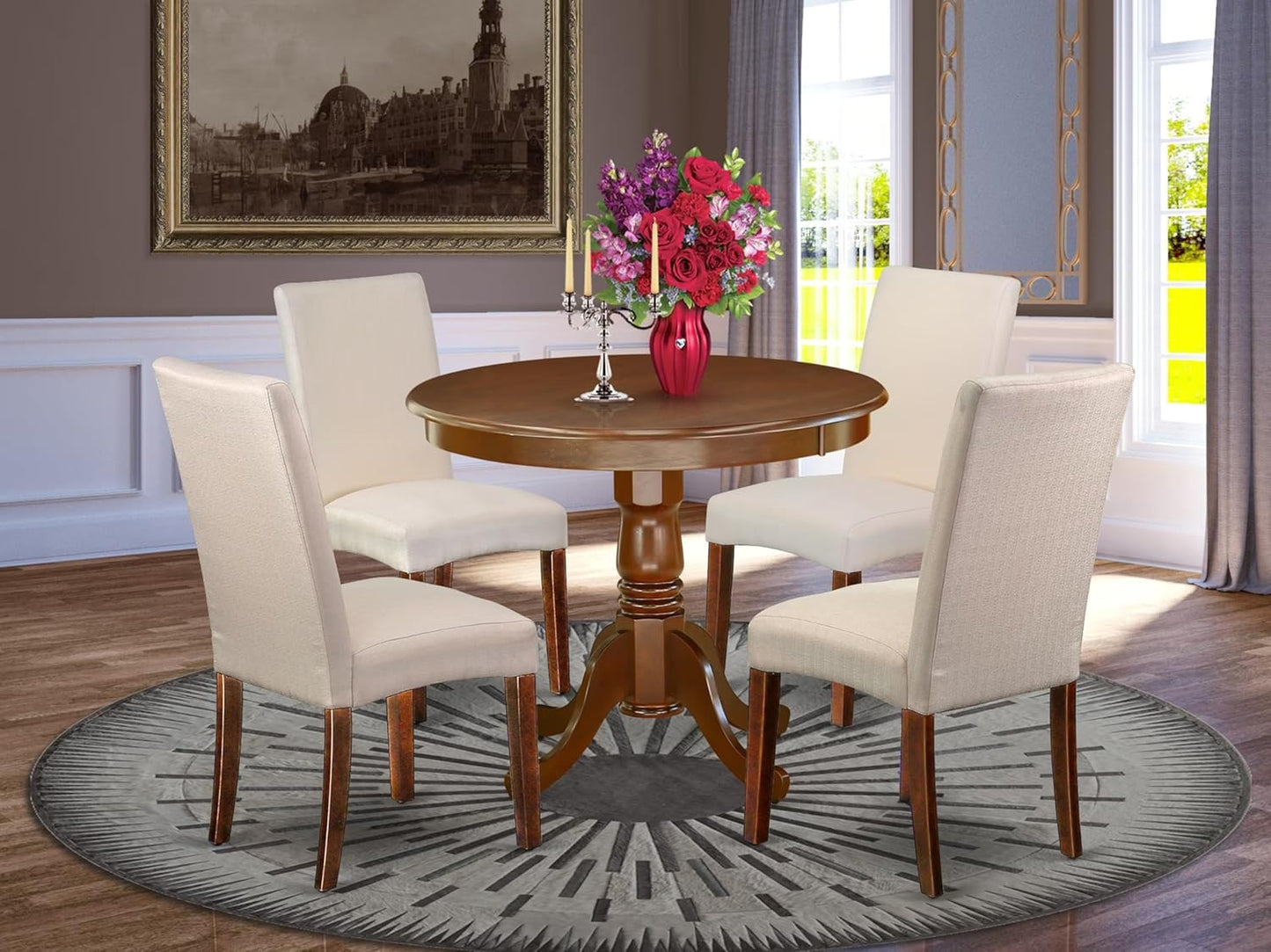 East West Furniture ANDR5-MAH-01 5 Piece Kitchen Table & Chairs Set Includes a Round Dining Room Table with Pedestal and 4 Cream Linen Fabric Parson Dining Chairs, 36x36 Inch, Mahogany