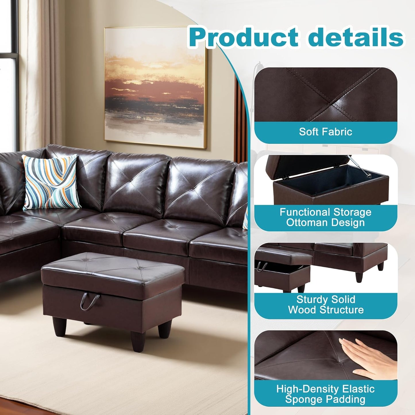 L Shaped Couch Faux Leather Sectional Couch Upholstered 3 Pieces Sofas for Living Room with Chaise, Storage Ottoman for Office and Small Apartment, Brown