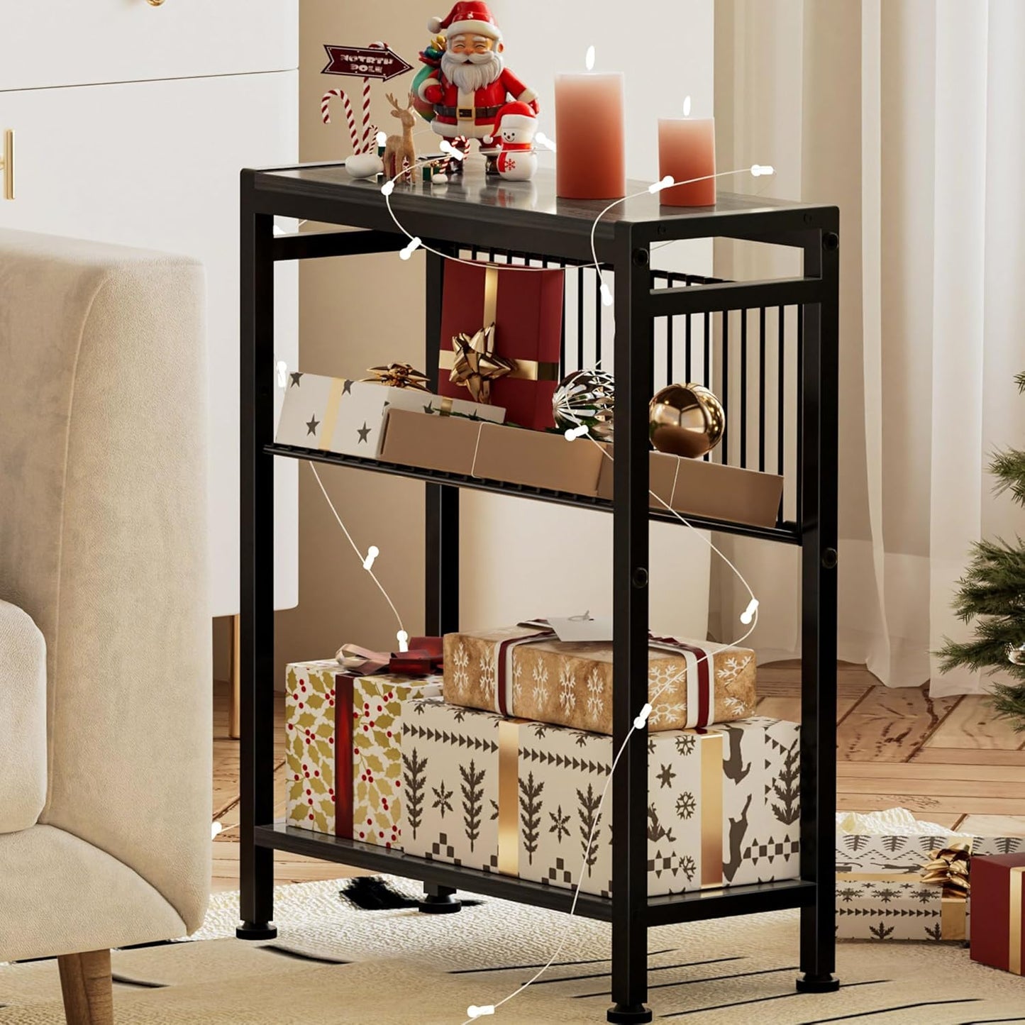 End Table for Small Space, 3-Tier Narrow Side Table with Magazine Holder,Slim Nightstand, Skinny Snack Couch Table in Living Room, Bedroom Study and Balcony (Grey)