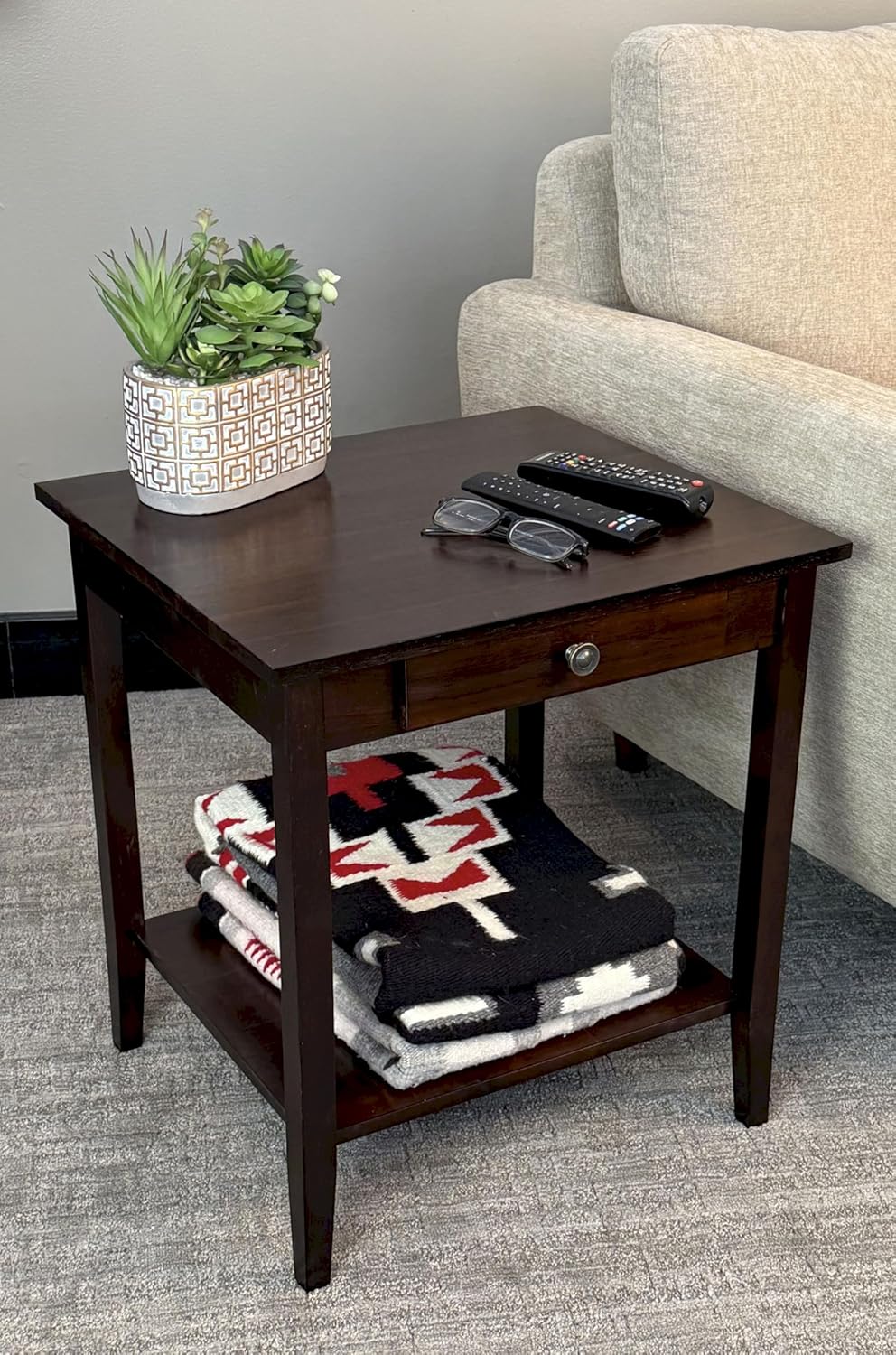 2-Tier Solid Acacia End Table w/Drawer