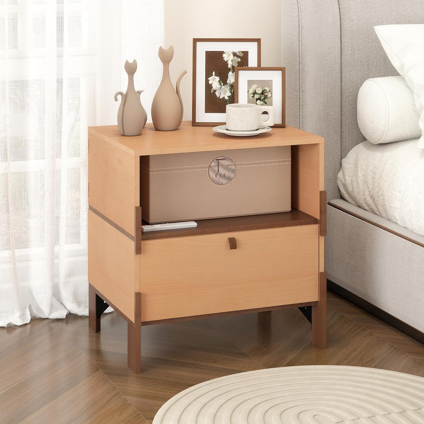 SBS-AL-21-1 Sebastack Night Stand, Customizable 2 Drawers Bedside Table, End Table, Side Table for Bedroom, Dormitory, Mid-Century Style Wood Chest of Furnitures, Beech Color