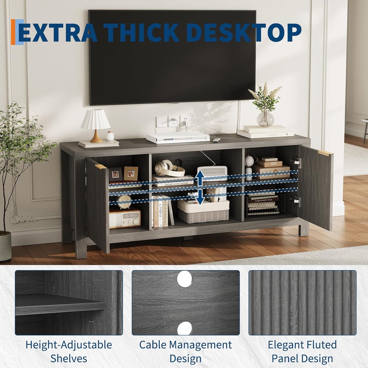 59" TV Stand for TVs Up to 65 Inches, Mid Century Modern TV Entertainment Center with Storage Cabinets & Open Shelves, Wood TV Cabinet for Living Room, Gray Oak