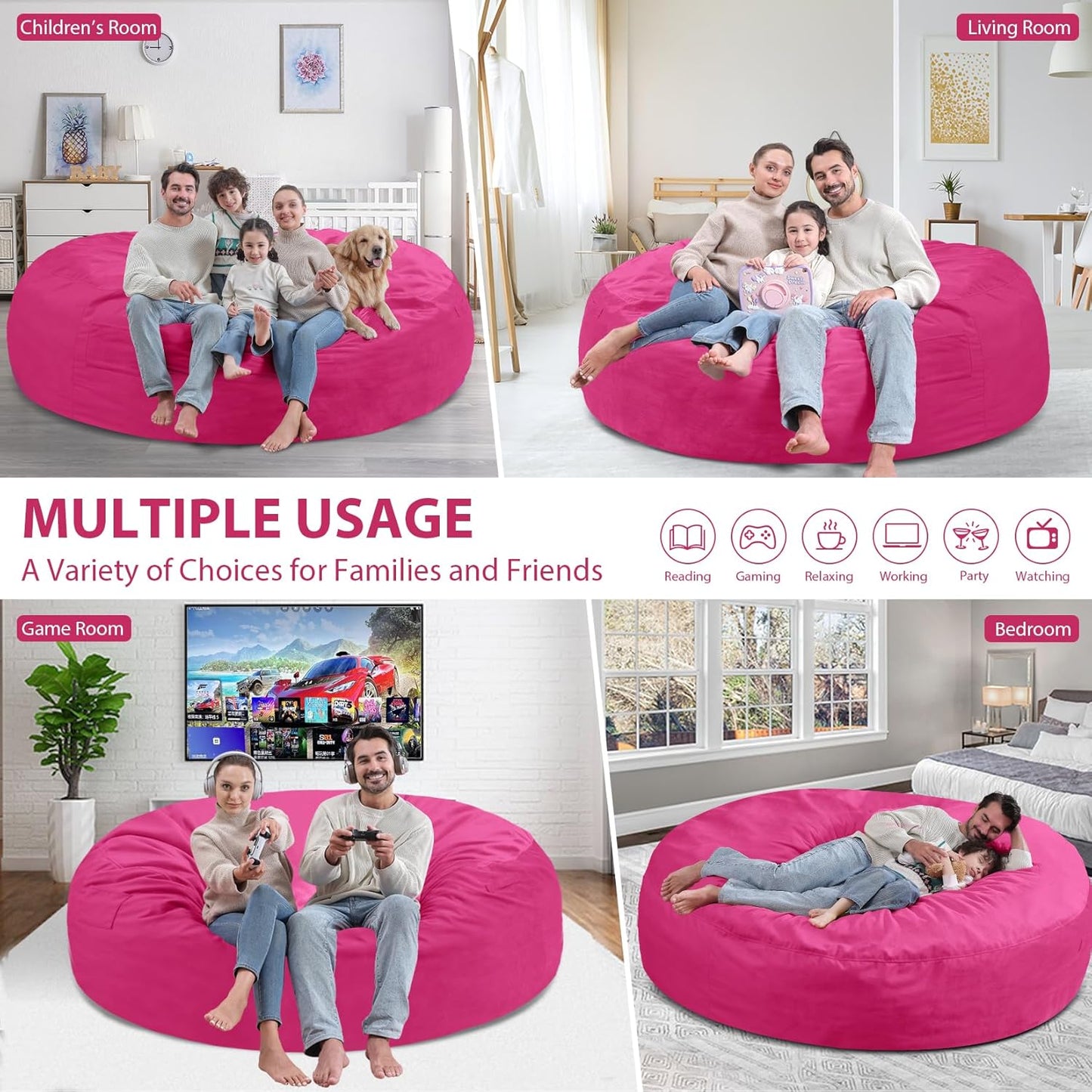 7FT Bean Bag Chair, Large Bean Bag Chairs with Memory Foam Filled, Fluffy Beanbag Sofa with Dutch Velvet Cover, Round BeanBag Chairs for Living Room, Playroom - Pink