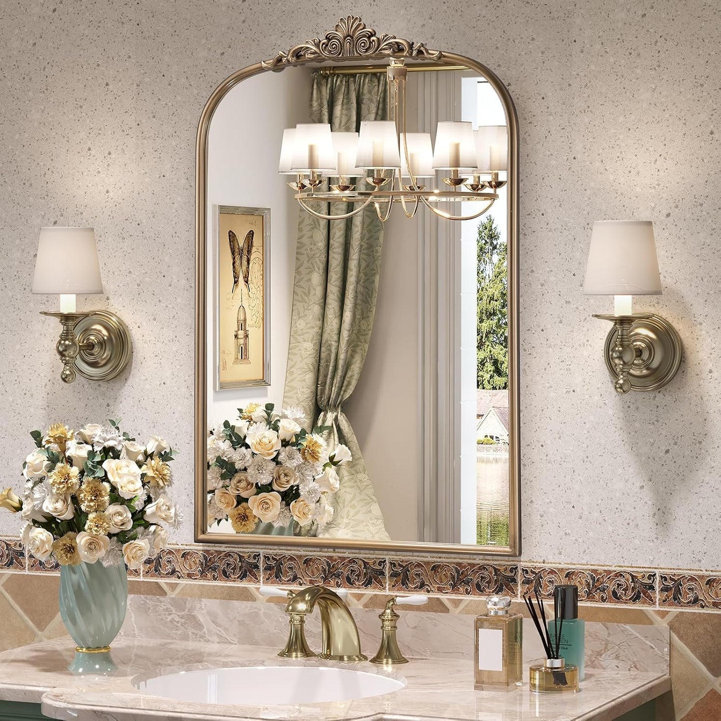 24" x 36" Antique Gold Arched Mirror for Wall, Vintage Brass Bathroom Mirror with Metal Frame, Bronze Ornate Gold Vanity Mirror for Entryway, Mantel, Powder Room