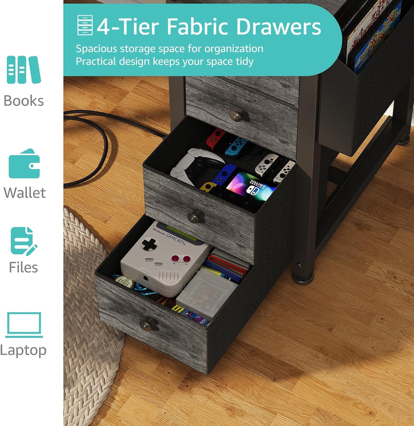 Lufeiya L Shaped Computer Desk with Drawers & Storage Shelves, 47 Inch Small Corner Desk with Power Outlet for Home Office Bedroom, L-Shaped Gaming PC Desks with Fabric Drawer, Gray