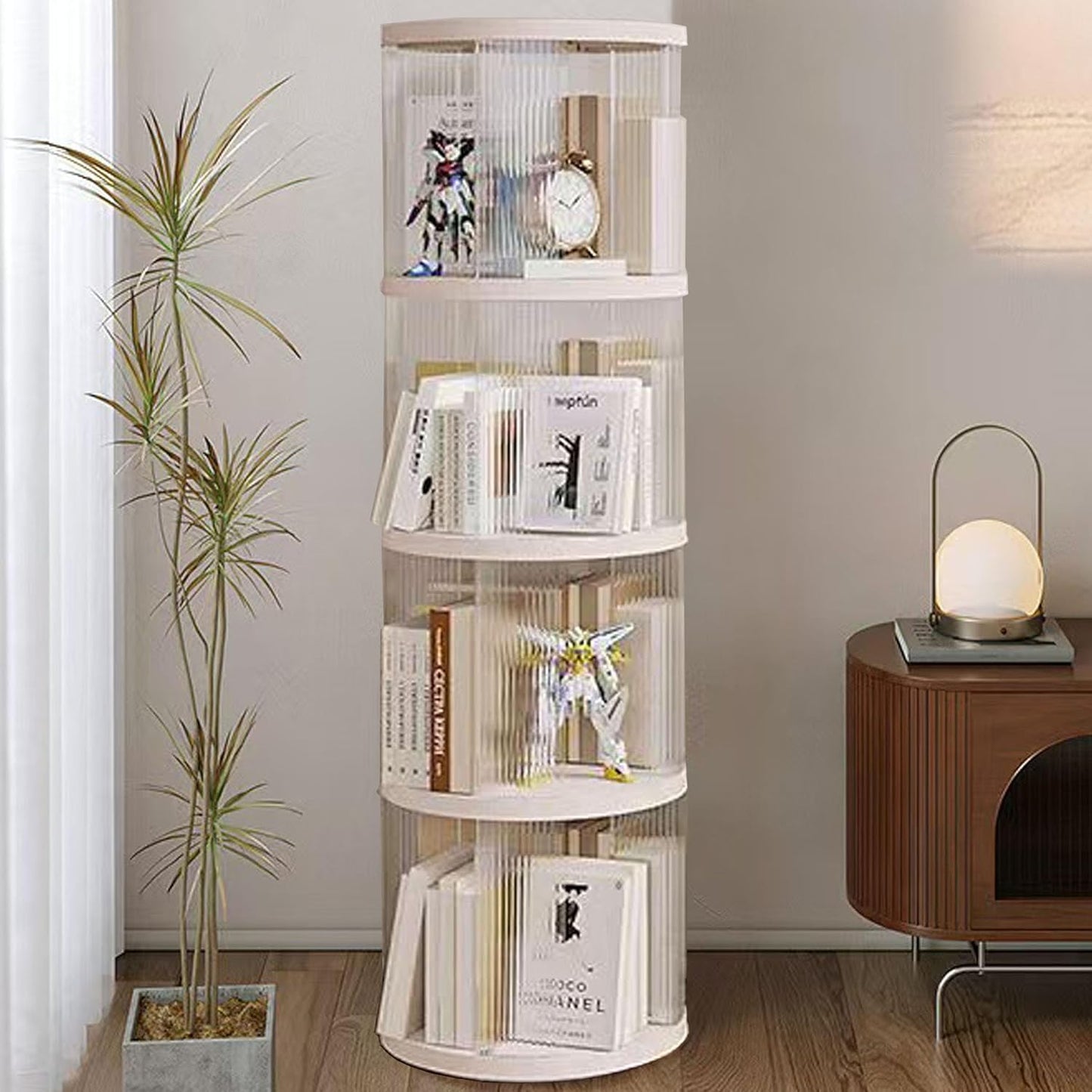 4 Tier Rotating Bookshelf Tower,360 Display Rotating Bookshelf,53.4 inch High Small Space Revolving Bookcase, Home Office Spinning Bookshelf Tower(Round, White)