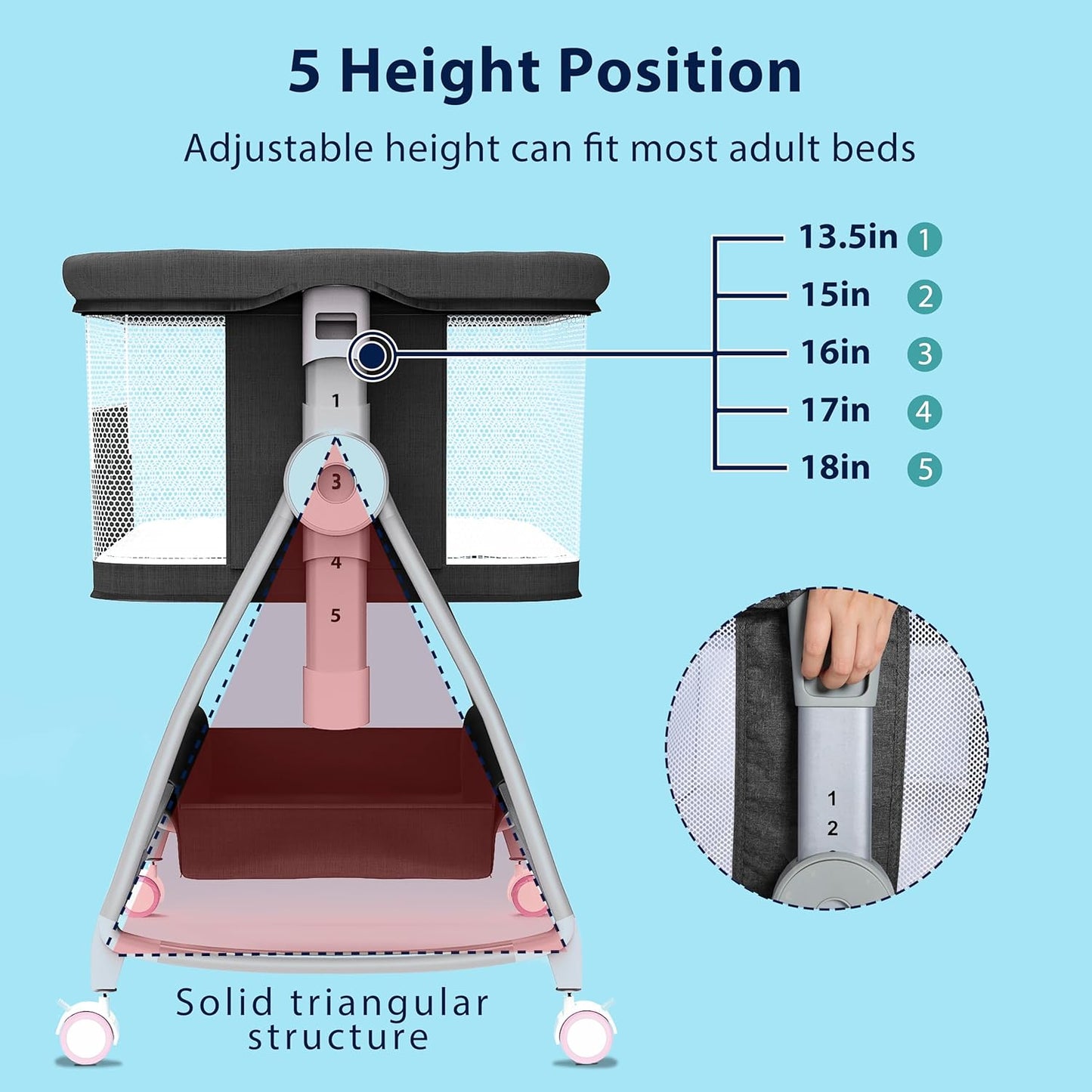 Baby Bassinet Bedside Sleeper, 3 in 1 Rocking Bassinet for Baby, Arms Reach Co Sleeper Bassinet with Wheels, Adjustable Height, Storage, Mattress & Canopy (Black)