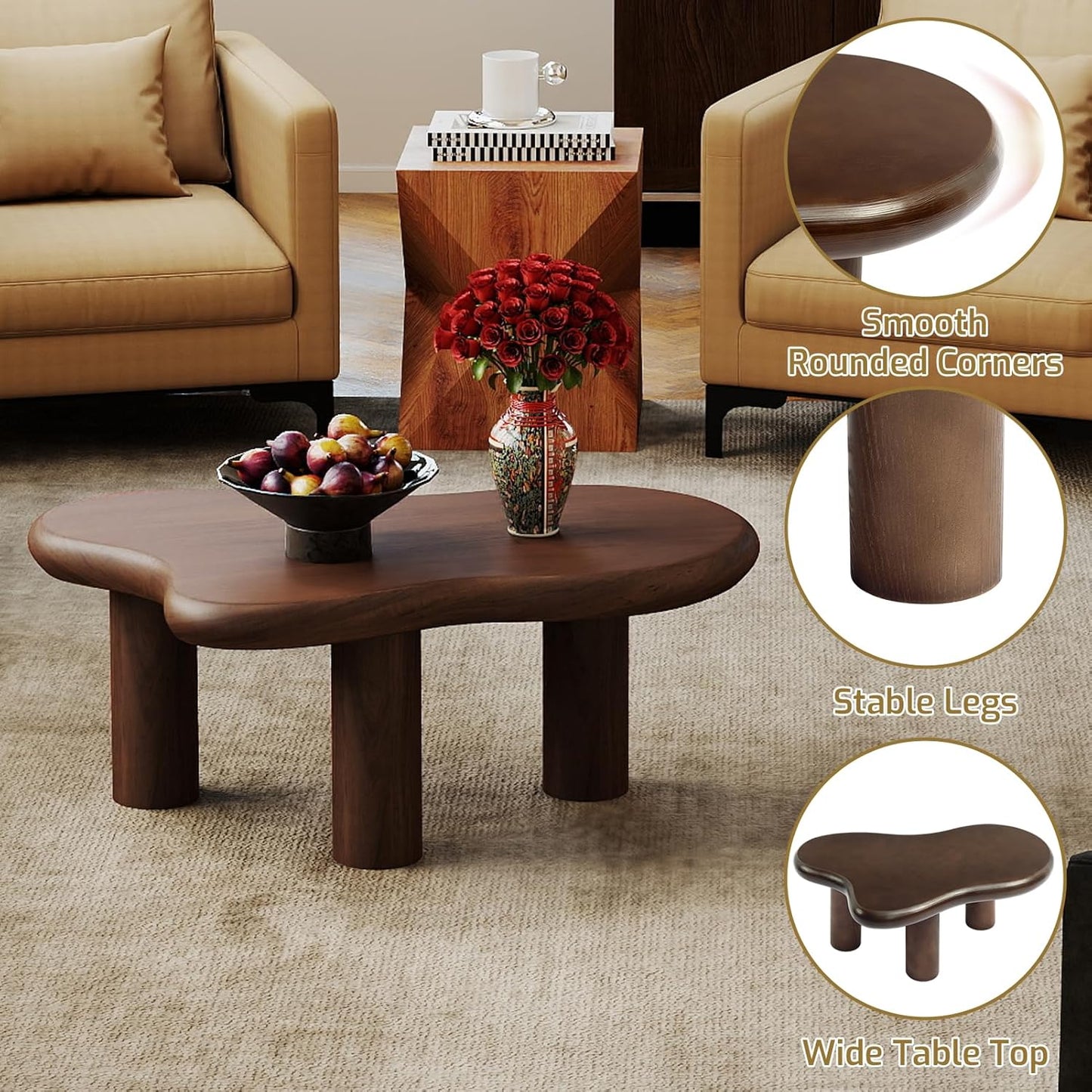 HollyHOME Cloud Coffee Table, Unique Design Accent Table for Living Room and Bedroom, Stylish and Functional Furniture Piece-Durable and Easy to Clean, Free Shape with 3 Legs, 33.9in, Dark Walnut