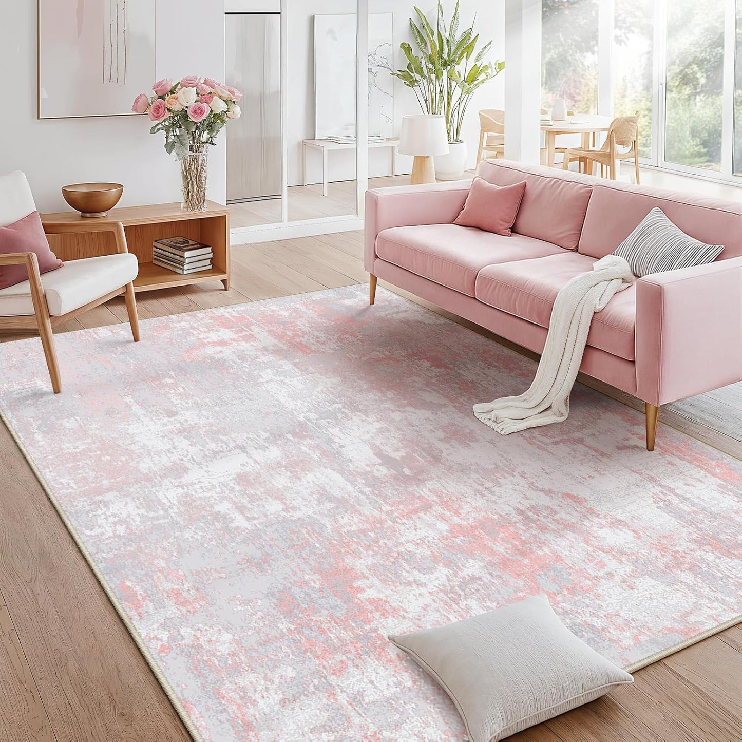 Washable Area Rugs 6'x9' Non-Slip Modern Abstract Soft for Living Room Entryway Bedroom Nursery, Print Pattern, Grey Pink