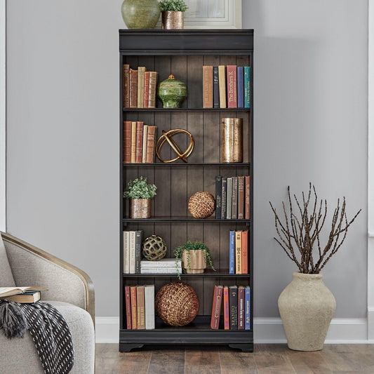 Liberty Furniture Meritage 72 Inch Bookcase for Home Office - Aged Charcoal w/Rub Thru & Caramel