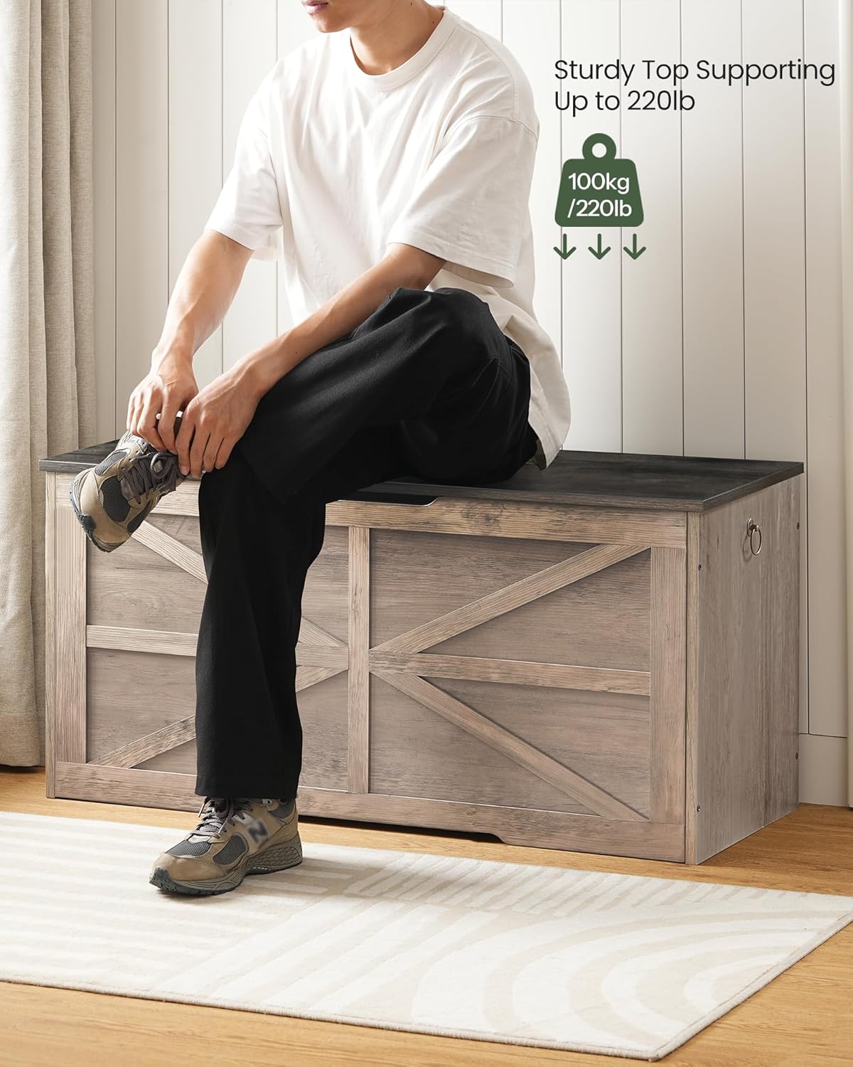 Storage Chest, 39.4" Wooden Storage Trunk, Retro Storage Bench with Safety Hinge, Toy Chest Storage, Farmhouse Style, for Bedroom, Living Room, Charcoal Gray and Greige MCW10HC