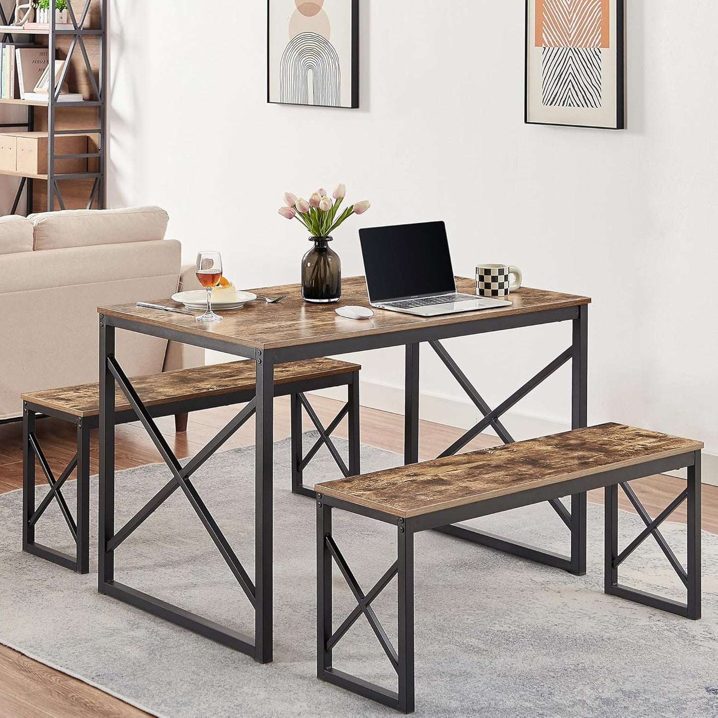 VECELO 43.3 Inch Dining Table Set for 4, Rectangle Dinner Breakfast Dinette with 2 Benches, Thickened Metal Frame & Board, for Kitchen, Living Room, and Small Space, Rustic Brown