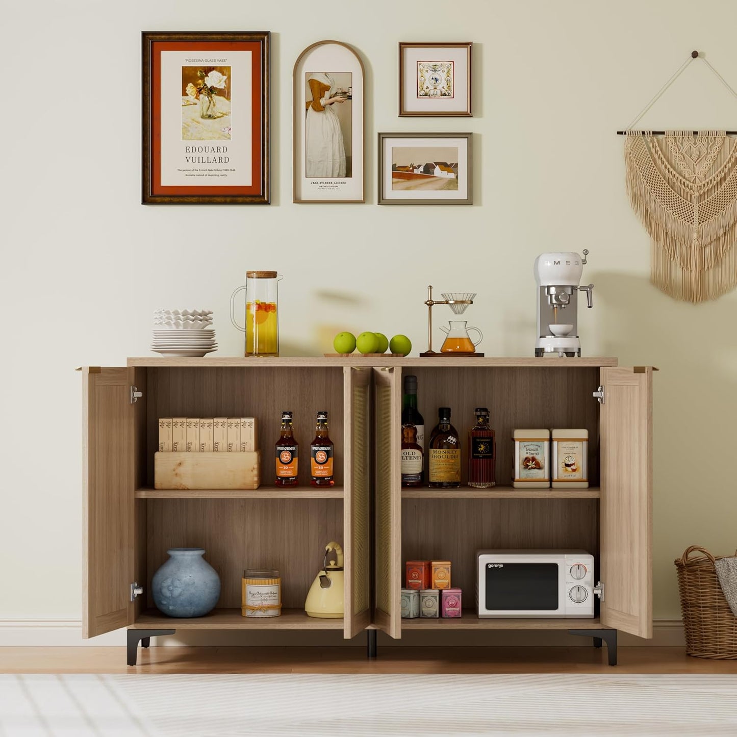 Sideboard Buffet Cabinet with Storage, 4 Doors Rattan Kitchen Cabinet with Adjustable Shelf, Accent Sideboard Entryway Console Table for Living Room, Natural