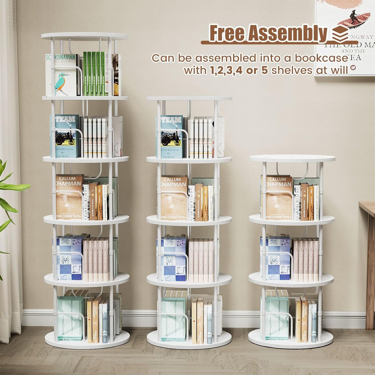 5 Tier Rotating Bookshelf, 360 ° Display Stackable Spinning Bookshelf Tower, Corner Bookshelf Tall Floor Standing Swivel Bookcase Narrow Storage Organizer for Bedroom, Living Room, White