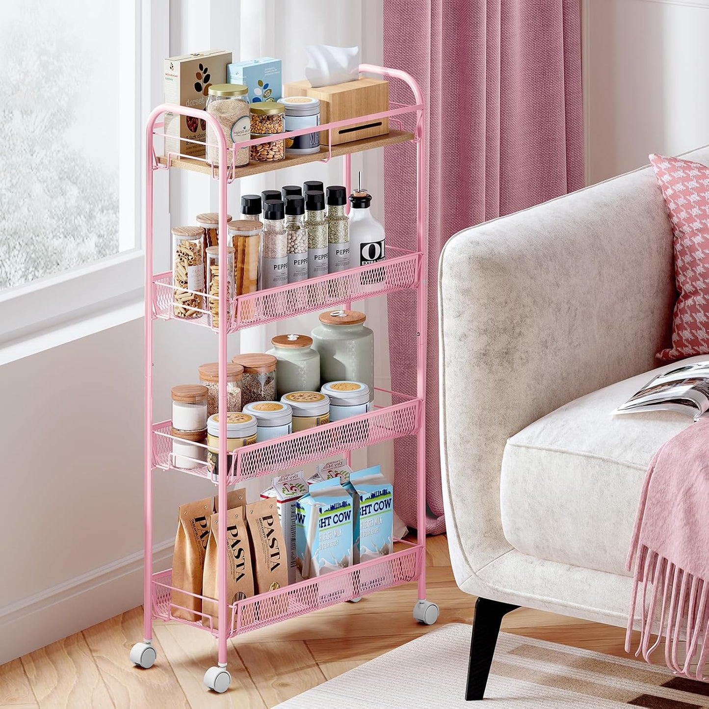 KINGRACK Metal Slim Rolling Cart,4-Tier Metal Utility Cart,Storage Cart with Wooden Tabletop, for Narrow Space on Laundry Bathroom Kitchen Room Bedroom Apartments Dormitory (Pure Pink, Slim)